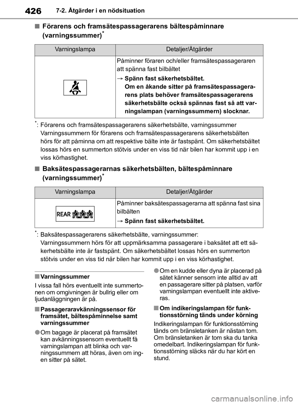 TOYOTA RAV4 2019  Bruksanvisningar (in Swedish) 4267-2. Åtgärder i en nödsituation
nFörarens och framsätespassagerarens bältespåminnare 
(varningssummer)*
*: Förarens och framsätespassagerarens säkerhetsbälte, varningssummer Varningssumm