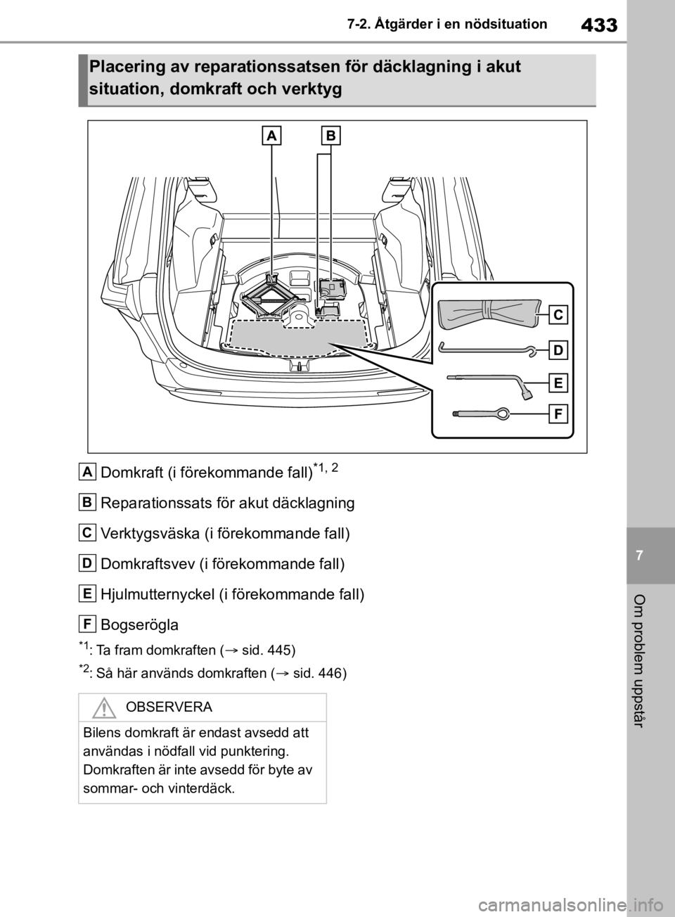 TOYOTA RAV4 2019 Bruksanvisningar (in Swedish) 433
7
7-2. Åtgärder i en nödsituation
Om problem uppstår
Domkraft (i förekommande fall)*1, 2
Reparationssats för akut däcklagning
Verktygsväska (i förekommande fall)
Domkraftsvev (i förekomm TOYOTA RAV4 2019 Bruksanvisningar (in Swedish) 433
7
7-2. Åtgärder i en nödsituation
Om problem uppstår
Domkraft (i förekommande fall)*1, 2
Reparationssats för akut däcklagning
Verktygsväska (i förekommande fall)
Domkraftsvev (i förekomm