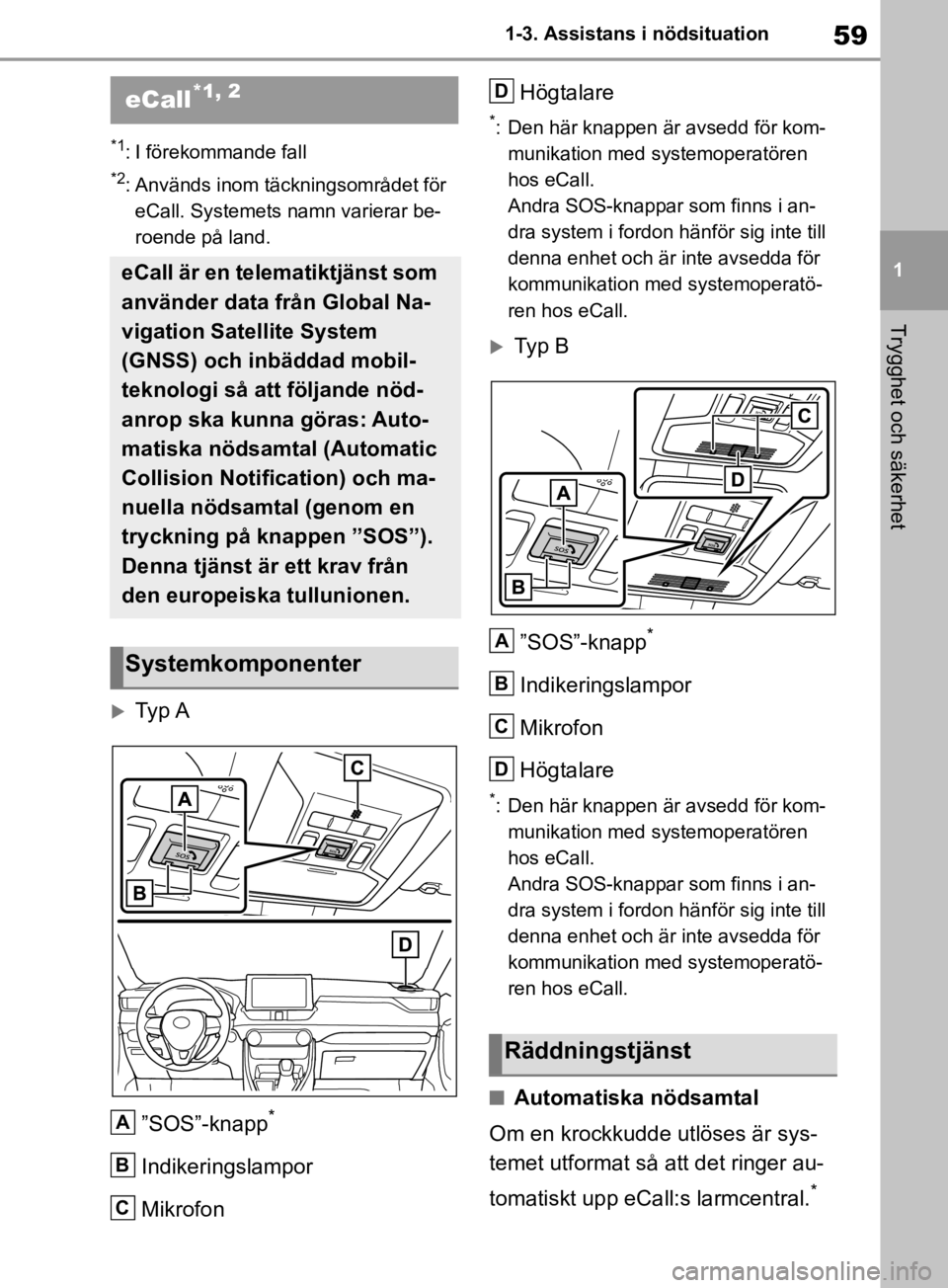 TOYOTA RAV4 2019 Bruksanvisningar (in Swedish) 59
1
1-3. Assistans i nödsituation
Trygghet och säkerhet
1-3.Assistans i nödsituation
*1: I förekommande fall
*2: Används inom täckningsområdet för
eCall. Systemets namn varierar be-
roende p TOYOTA RAV4 2019 Bruksanvisningar (in Swedish) 59
1
1-3. Assistans i nödsituation
Trygghet och säkerhet
1-3.Assistans i nödsituation
*1: I förekommande fall
*2: Används inom täckningsområdet för
eCall. Systemets namn varierar be-
roende p