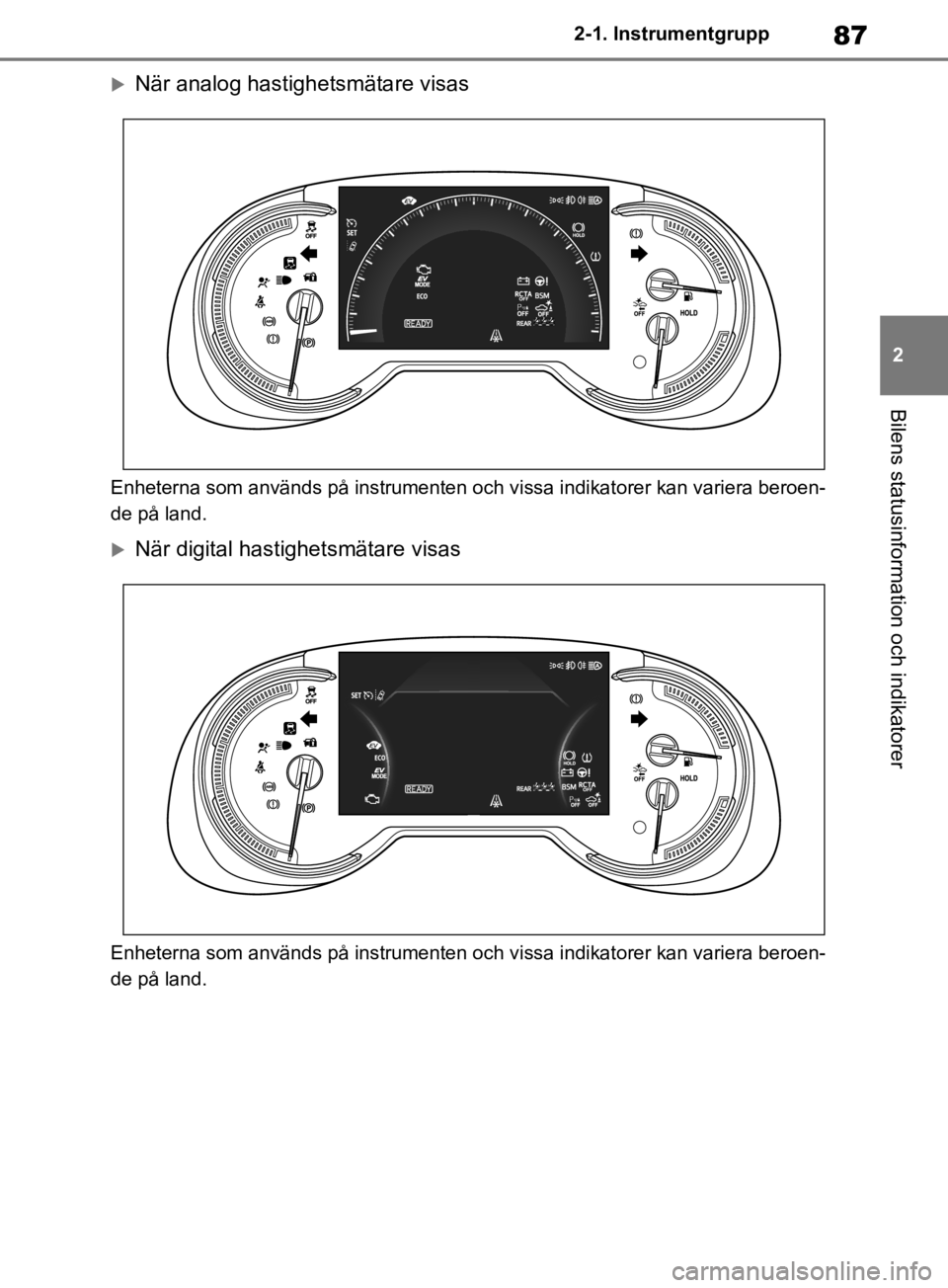 TOYOTA RAV4 2019 Bruksanvisningar (in Swedish) 87
2
2-1. Instrumentgrupp
Bilens statusinformation och indikatorer
När analog hastighetsmätare visas
Enheterna som används på instrumenten och vissa indikatorer kan variera beroen-
de på land. TOYOTA RAV4 2019 Bruksanvisningar (in Swedish) 87
2
2-1. Instrumentgrupp
Bilens statusinformation och indikatorer
När analog hastighetsmätare visas
Enheterna som används på instrumenten och vissa indikatorer kan variera beroen-
de på land.