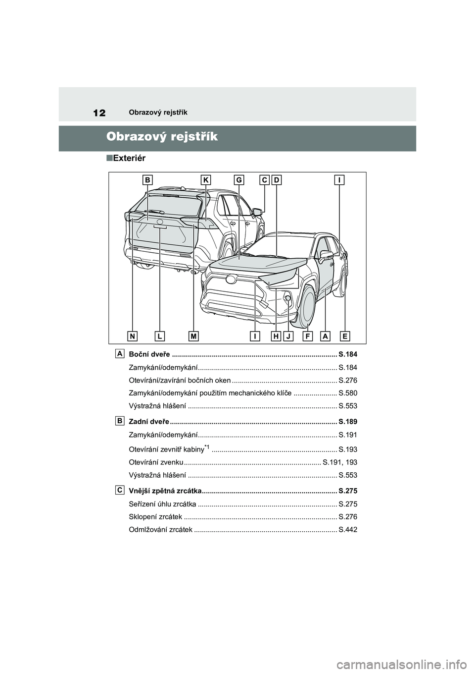 TOYOTA RAV4 2019 Návod na použití (in Czech) 12Obrazový rejstřík
Obrazový rejstřík
■Exteriér
Boční dveře ................................................................................... S.184
Zamykání/odemykání............... TOYOTA RAV4 2019 Návod na použití (in Czech) 12Obrazový rejstřík
Obrazový rejstřík
■Exteriér
Boční dveře ................................................................................... S.184
Zamykání/odemykání...............