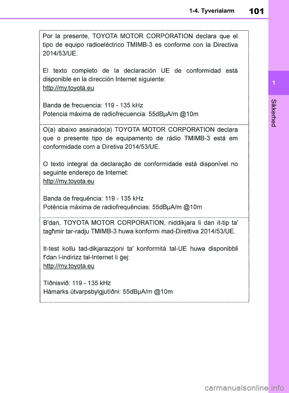 TOYOTA RAV4 2018  Brugsanvisning (in Danish) 101
1
1-4. Tyverialarm
Sikkerhed
OM42B34DK.book  Page 101  Thursday, November 22, 2018  3:41 PM 
