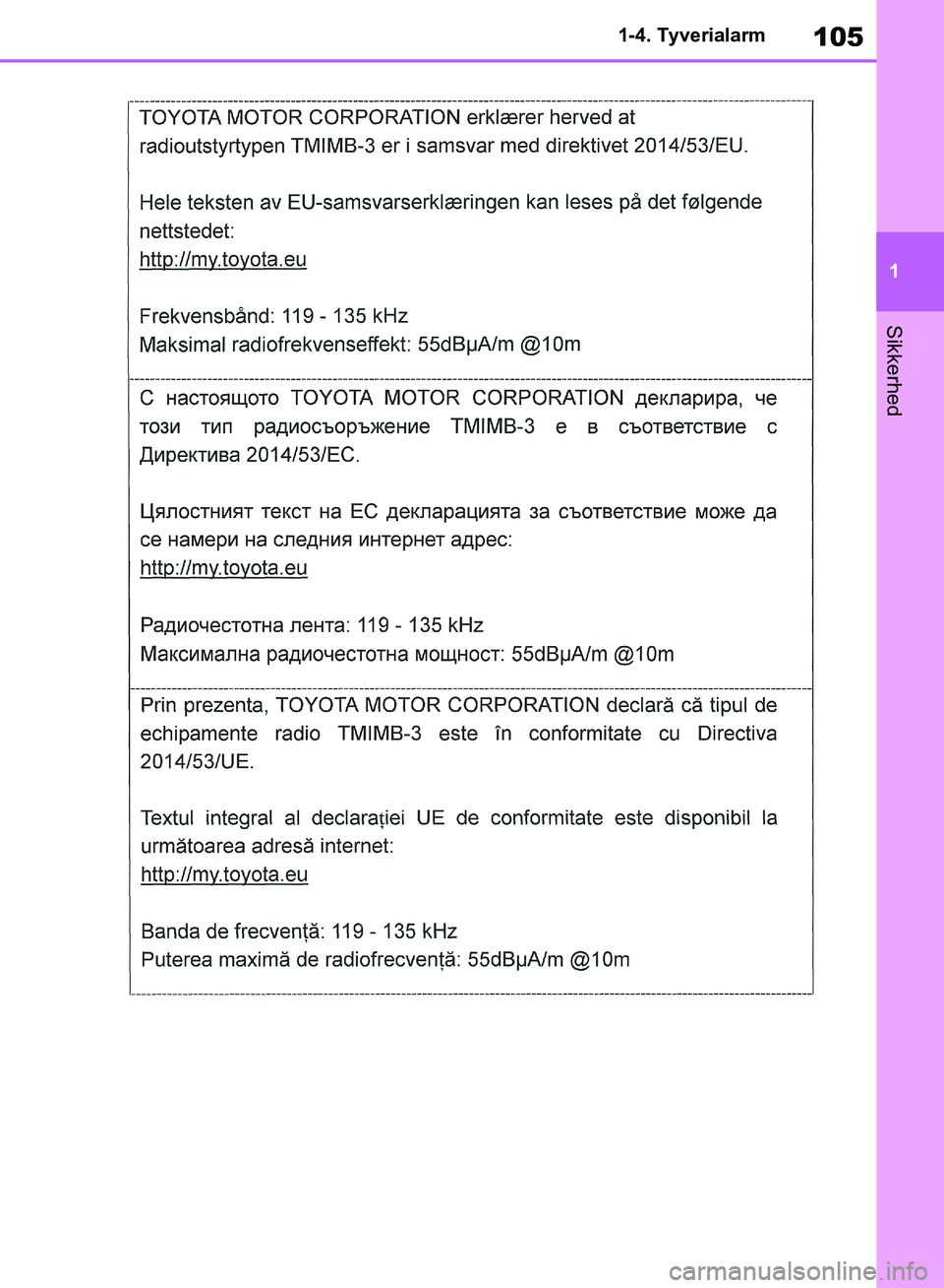 TOYOTA RAV4 2018  Brugsanvisning (in Danish) 105
1
1-4. Tyverialarm
Sikkerhed
OM42B34DK.book  Page 105  Thursday, November 22, 2018  3:41 PM 