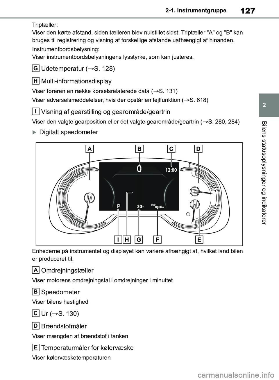 TOYOTA RAV4 2018 Brugsanvisning (in Danish) 127
2
2-1. Instrumentgruppe
Bilens statusoplysninger og indikatorer
Triptæller:
Viser den kørte afstand, siden tælleren blev nulstillet sidst. Triptæller "A" og "B" kan
bruges til registrering og TOYOTA RAV4 2018 Brugsanvisning (in Danish) 127
2
2-1. Instrumentgruppe
Bilens statusoplysninger og indikatorer
Triptæller:
Viser den kørte afstand, siden tælleren blev nulstillet sidst. Triptæller "A" og "B" kan
bruges til registrering og