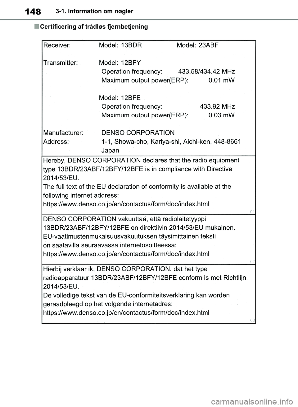 TOYOTA RAV4 2018  Brugsanvisning (in Danish) 1483-1. Information om nøgler
nCertificering af trådløs fjernbetjening
OM42B34DK.book  Page 148  Thursday, November 22, 2018  3:41 PM 
