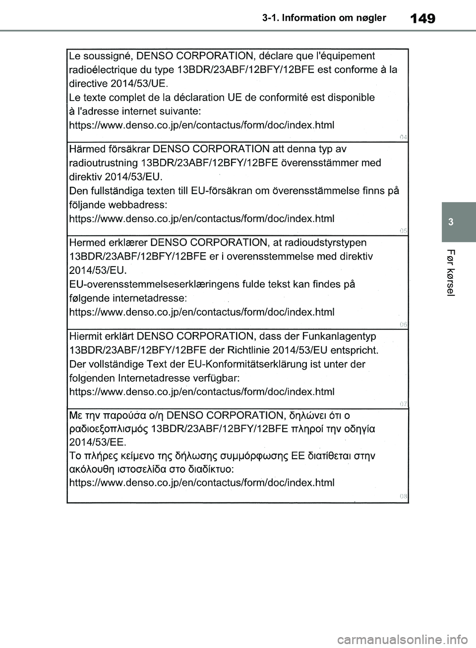 TOYOTA RAV4 2018  Brugsanvisning (in Danish) 149
3
3-1. Information om nøgler
Før kørsel
OM42B34DK.book  Page 149  Thursday, November 22, 2018  3:41 PM 