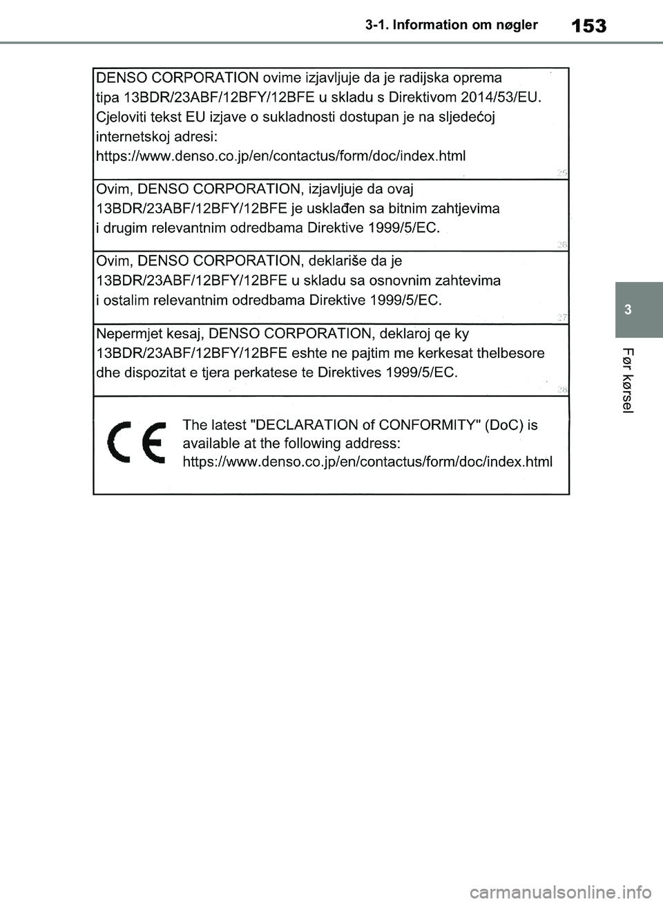 TOYOTA RAV4 2018 Brugsanvisning (in Danish) 153
3
3-1. Information om nøgler
Før kørsel
OM42B34DK.book Page 153 Thursday, November 22, 2018 3:41 PM TOYOTA RAV4 2018 Brugsanvisning (in Danish) 153
3
3-1. Information om nøgler
Før kørsel
OM42B34DK.book Page 153 Thursday, November 22, 2018 3:41 PM