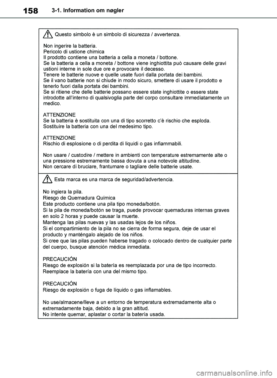 TOYOTA RAV4 2018 Brugsanvisning (in Danish) 1583-1. Information om nøgler
OM42B34DK.book Page 158 Thursday, November 22, 2018 3:41 PM TOYOTA RAV4 2018 Brugsanvisning (in Danish) 1583-1. Information om nøgler
OM42B34DK.book Page 158 Thursday, November 22, 2018 3:41 PM