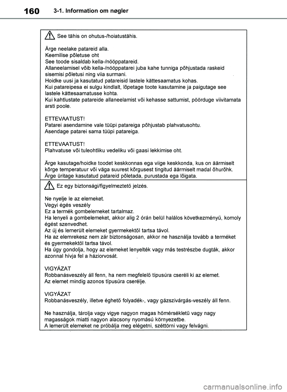 TOYOTA RAV4 2018 Brugsanvisning (in Danish) 1603-1. Information om nøgler
OM42B34DK.book Page 160 Thursday, November 22, 2018 3:41 PM TOYOTA RAV4 2018 Brugsanvisning (in Danish) 1603-1. Information om nøgler
OM42B34DK.book Page 160 Thursday, November 22, 2018 3:41 PM