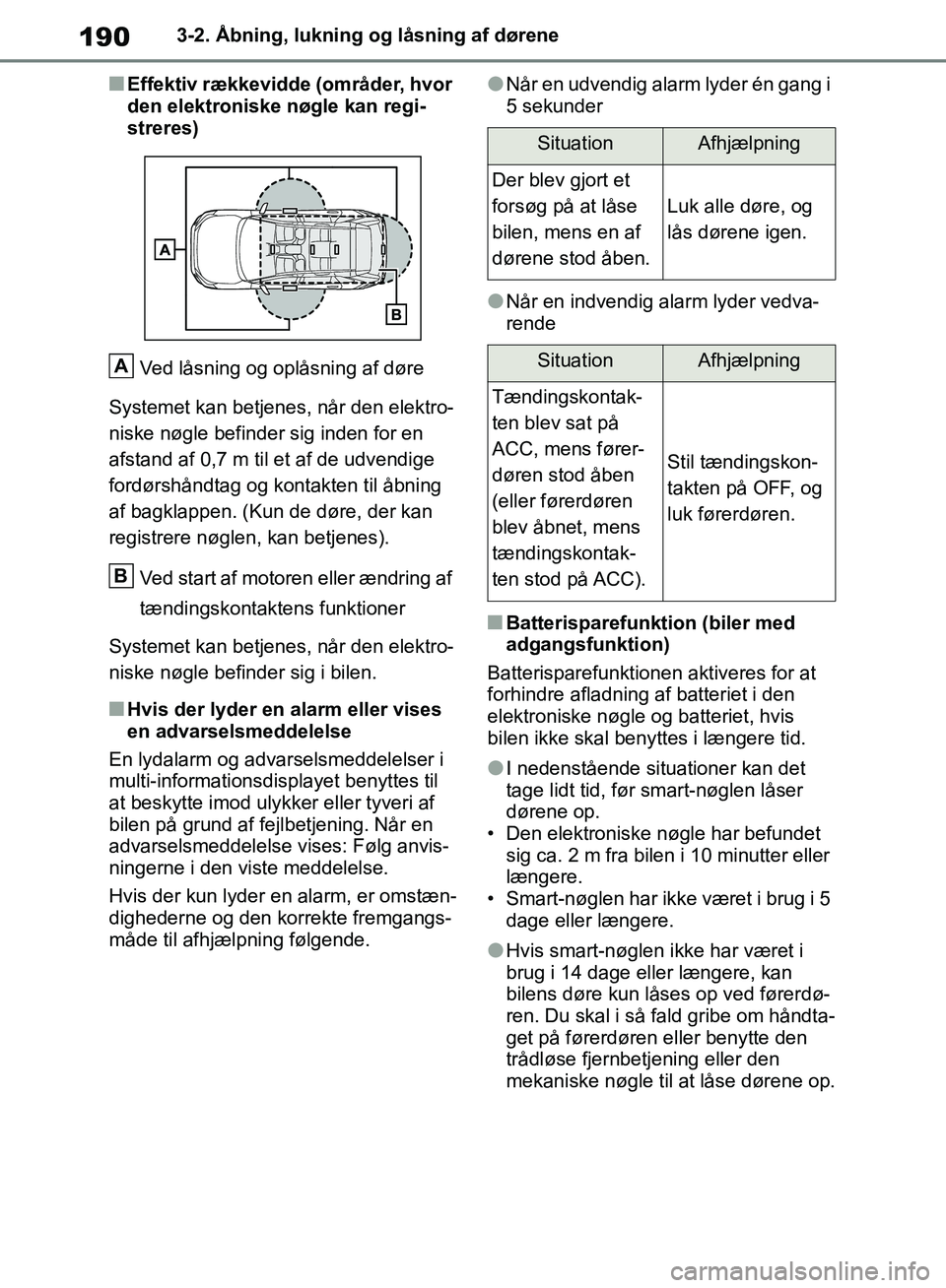 TOYOTA RAV4 2018  Brugsanvisning (in Danish) 1903-2. Åbning, lukning og låsning af dørene
nEffektiv rækkevidde (områder, hvor 
den elektroniske nøgle kan regi-
streres)Ved låsning og oplåsning af døre
Systemet kan betjenes, når den ele