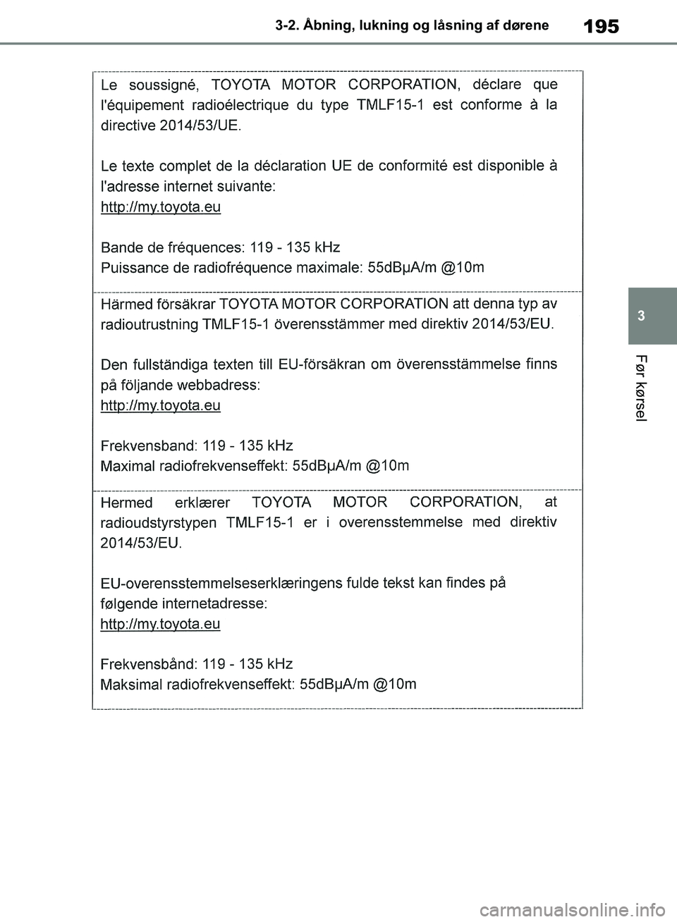TOYOTA RAV4 2018 Brugsanvisning (in Danish) 195
3
3-2. Åbning, lukning og låsning af dørene
Før kørsel
OM42B34DK.book Page 195 Thursday, November 22, 2018 3:41 PM TOYOTA RAV4 2018 Brugsanvisning (in Danish) 195
3
3-2. Åbning, lukning og låsning af dørene
Før kørsel
OM42B34DK.book Page 195 Thursday, November 22, 2018 3:41 PM