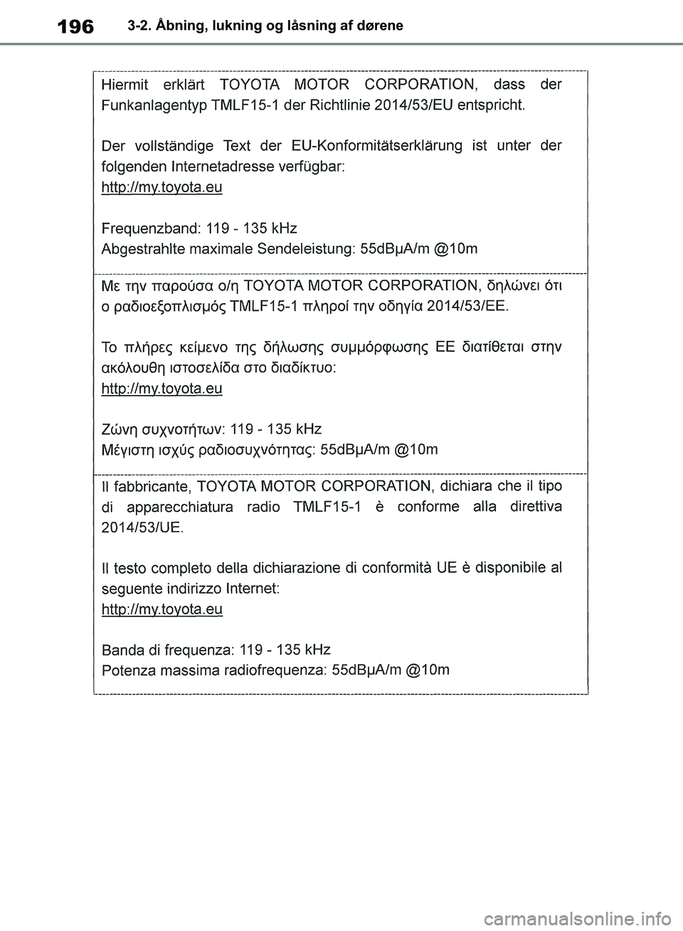 TOYOTA RAV4 2018 Brugsanvisning (in Danish) 1963-2. Åbning, lukning og låsning af dørene
OM42B34DK.book Page 196 Thursday, November 22, 2018 3:41 PM TOYOTA RAV4 2018 Brugsanvisning (in Danish) 1963-2. Åbning, lukning og låsning af dørene
OM42B34DK.book Page 196 Thursday, November 22, 2018 3:41 PM