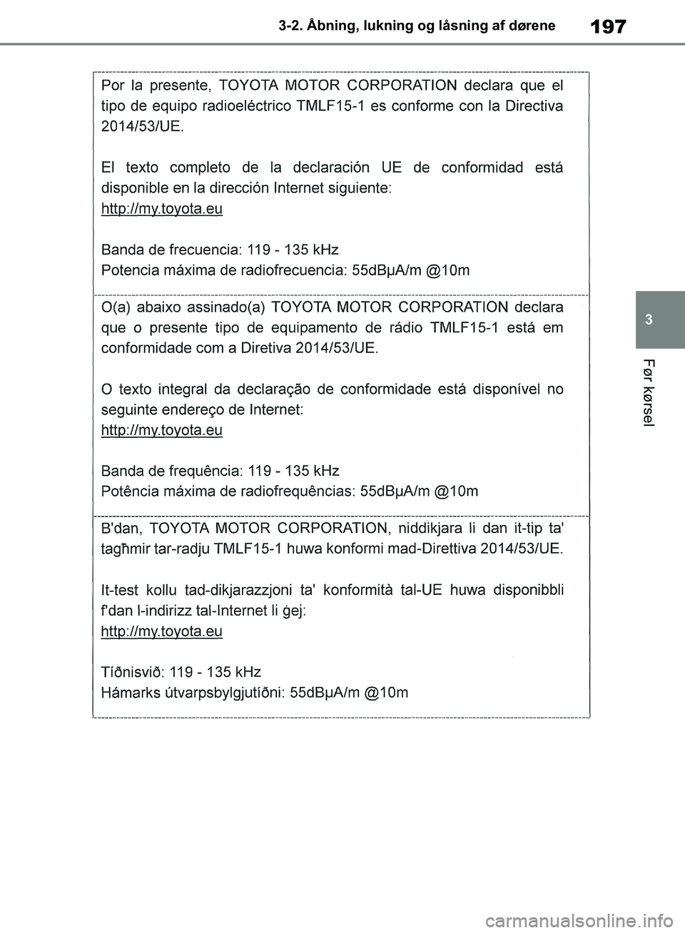 TOYOTA RAV4 2018 Brugsanvisning (in Danish) 197
3
3-2. Åbning, lukning og låsning af dørene
Før kørsel
OM42B34DK.book Page 197 Thursday, November 22, 2018 3:41 PM TOYOTA RAV4 2018 Brugsanvisning (in Danish) 197
3
3-2. Åbning, lukning og låsning af dørene
Før kørsel
OM42B34DK.book Page 197 Thursday, November 22, 2018 3:41 PM
