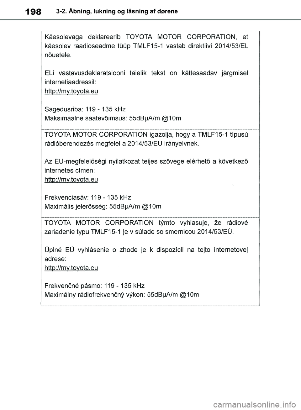 TOYOTA RAV4 2018 Brugsanvisning (in Danish) 1983-2. Åbning, lukning og låsning af dørene
OM42B34DK.book Page 198 Thursday, November 22, 2018 3:41 PM TOYOTA RAV4 2018 Brugsanvisning (in Danish) 1983-2. Åbning, lukning og låsning af dørene
OM42B34DK.book Page 198 Thursday, November 22, 2018 3:41 PM