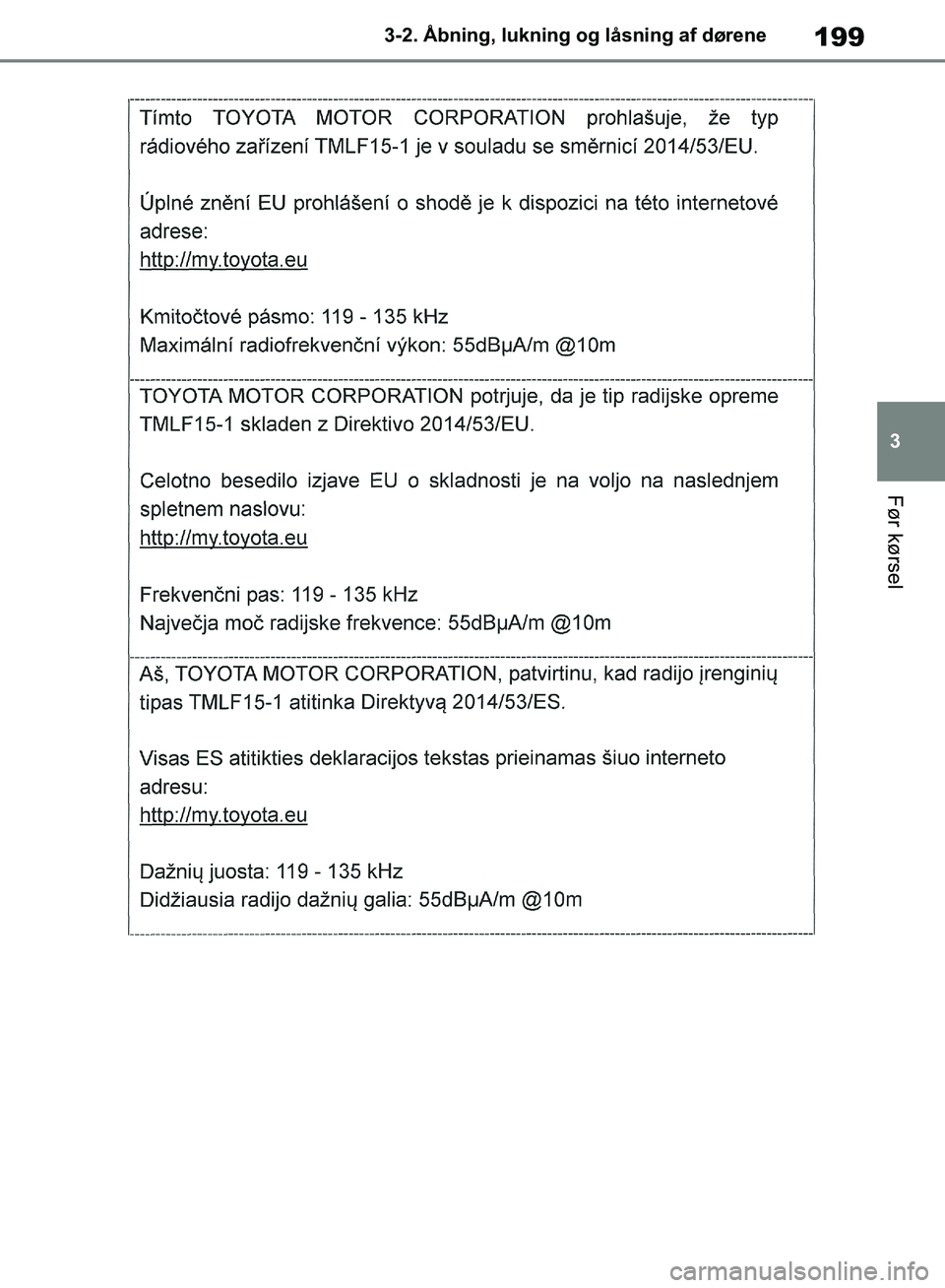TOYOTA RAV4 2018 Brugsanvisning (in Danish) 199
3
3-2. Åbning, lukning og låsning af dørene
Før kørsel
OM42B34DK.book Page 199 Thursday, November 22, 2018 3:41 PM TOYOTA RAV4 2018 Brugsanvisning (in Danish) 199
3
3-2. Åbning, lukning og låsning af dørene
Før kørsel
OM42B34DK.book Page 199 Thursday, November 22, 2018 3:41 PM