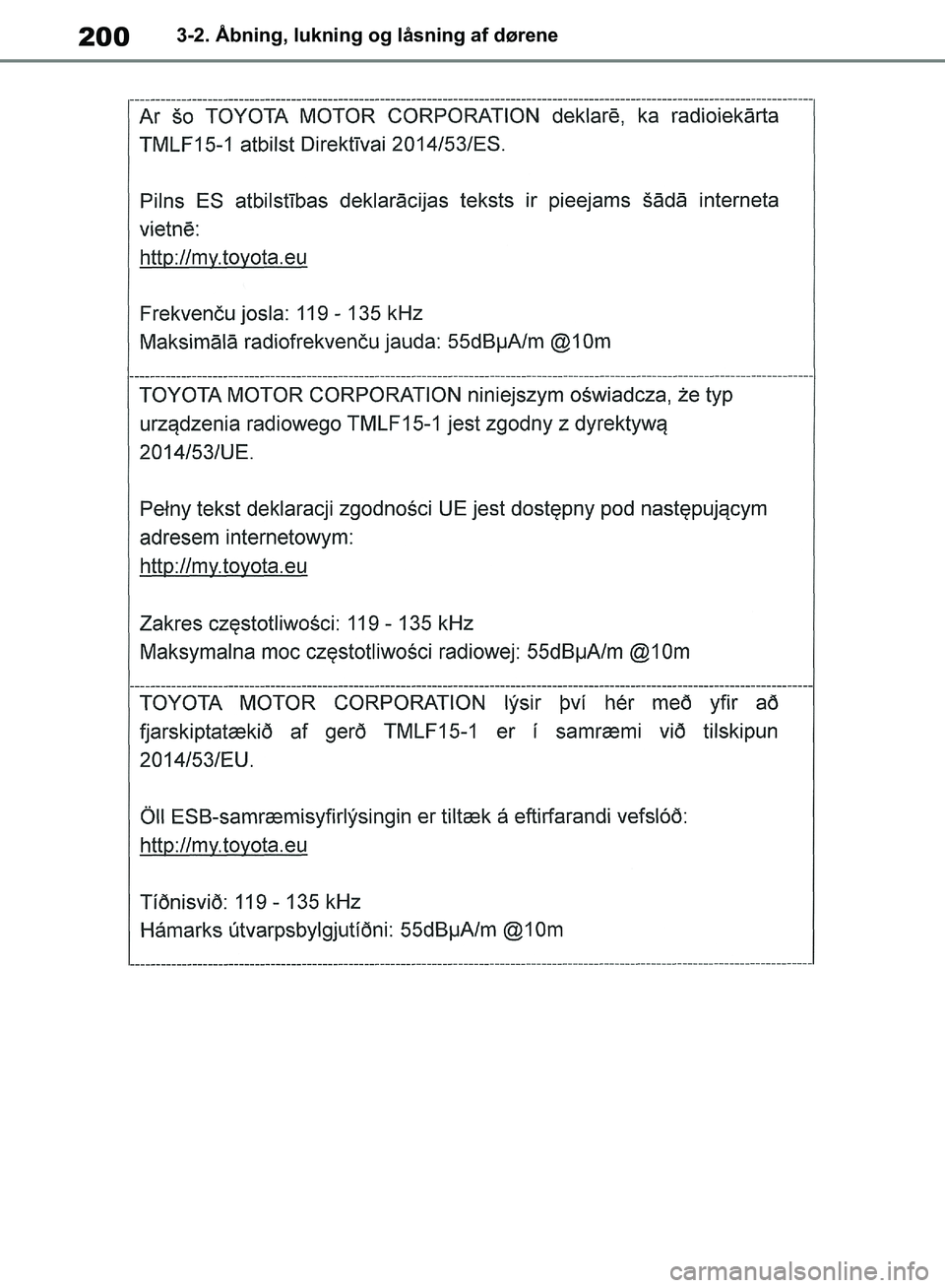 TOYOTA RAV4 2018 Brugsanvisning (in Danish) 2003-2. Åbning, lukning og låsning af dørene
OM42B34DK.book Page 200 Thursday, November 22, 2018 3:41 PM TOYOTA RAV4 2018 Brugsanvisning (in Danish) 2003-2. Åbning, lukning og låsning af dørene
OM42B34DK.book Page 200 Thursday, November 22, 2018 3:41 PM