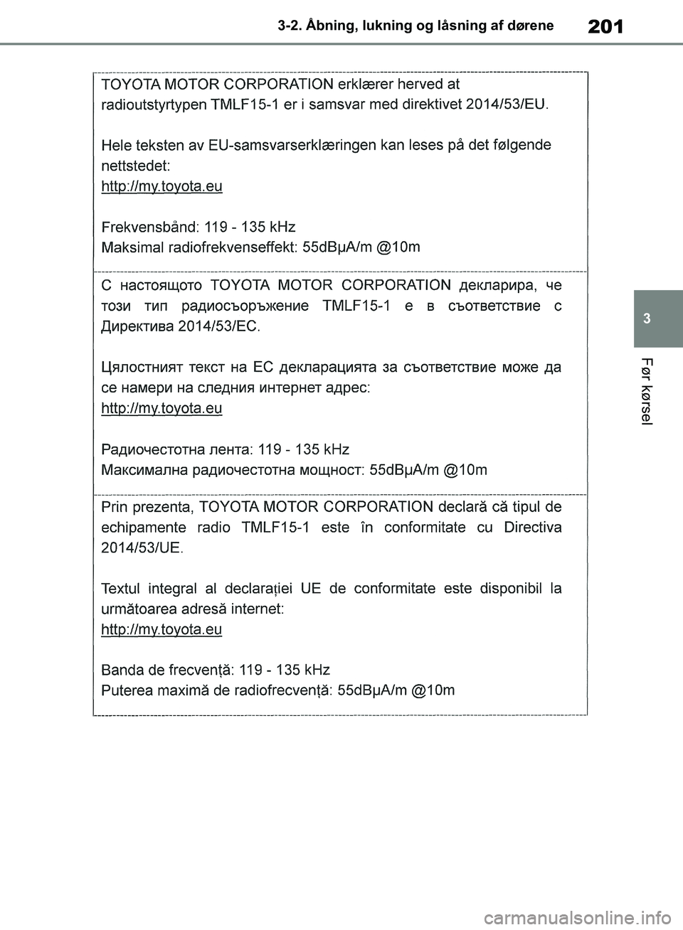TOYOTA RAV4 2018  Brugsanvisning (in Danish) 201
3
3-2. Åbning, lukning og låsning af dørene
Før kørsel
OM42B34DK.book  Page 201  Thursday, November 22, 2018  3:41 PM 