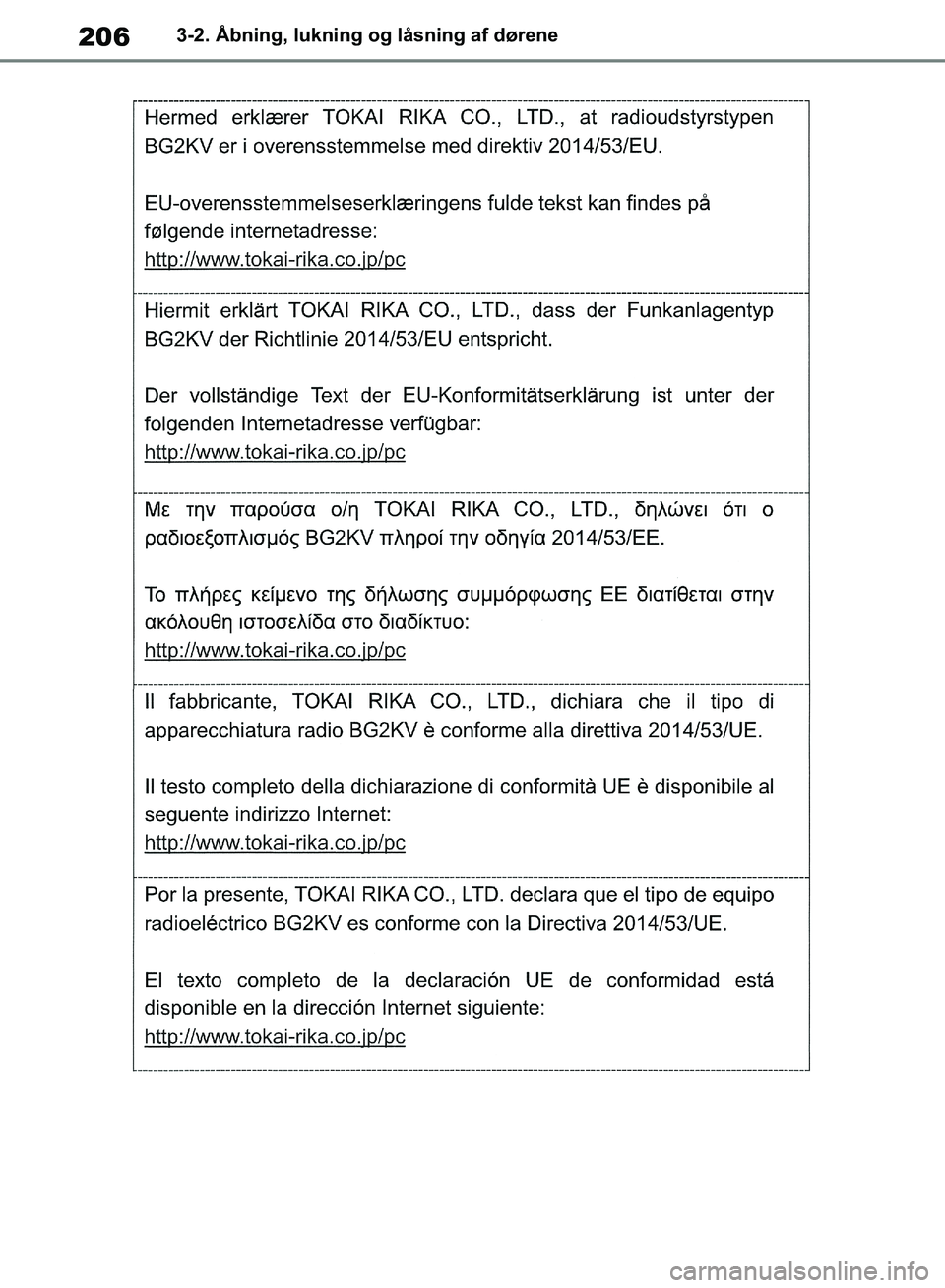 TOYOTA RAV4 2018  Brugsanvisning (in Danish) 2063-2. Åbning, lukning og låsning af dørene
OM42B34DK.book  Page 206  Thursday, November 22, 2018  3:41 PM 