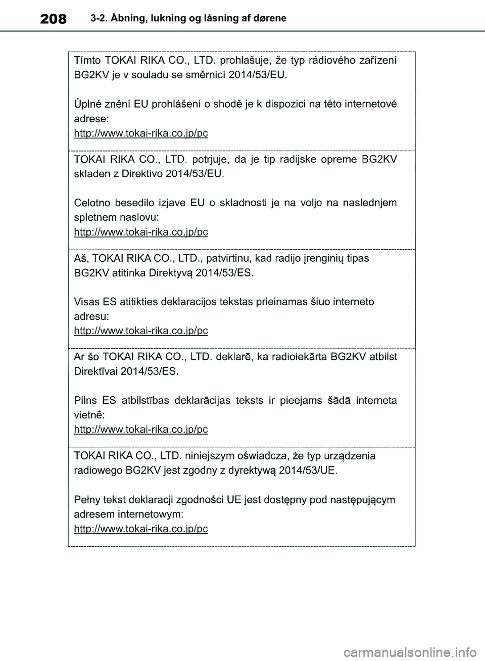 TOYOTA RAV4 2018  Brugsanvisning (in Danish) 2083-2. Åbning, lukning og låsning af dørene
OM42B34DK.book  Page 208  Thursday, November 22, 2018  3:41 PM 