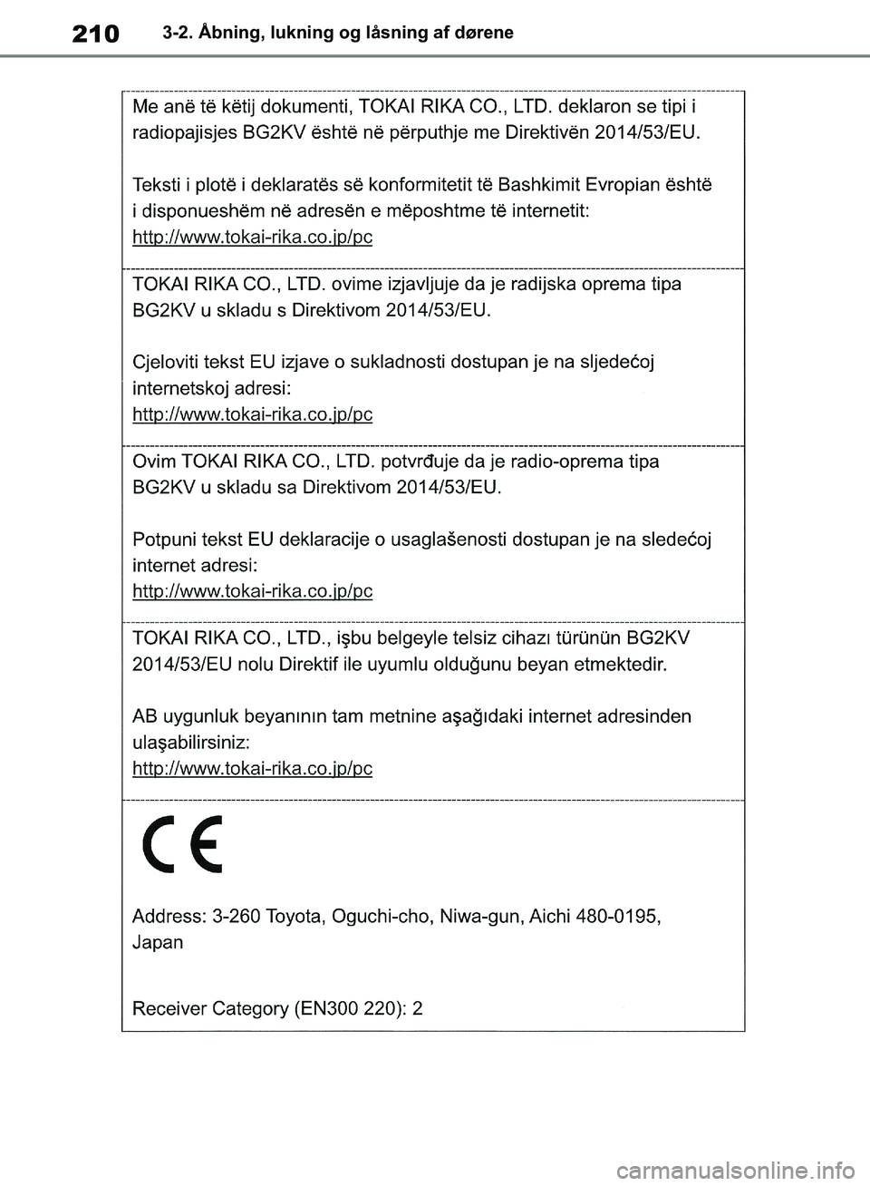 TOYOTA RAV4 2018  Brugsanvisning (in Danish) 2103-2. Åbning, lukning og låsning af dørene
OM42B34DK.book  Page 210  Thursday, November 22, 2018  3:41 PM 