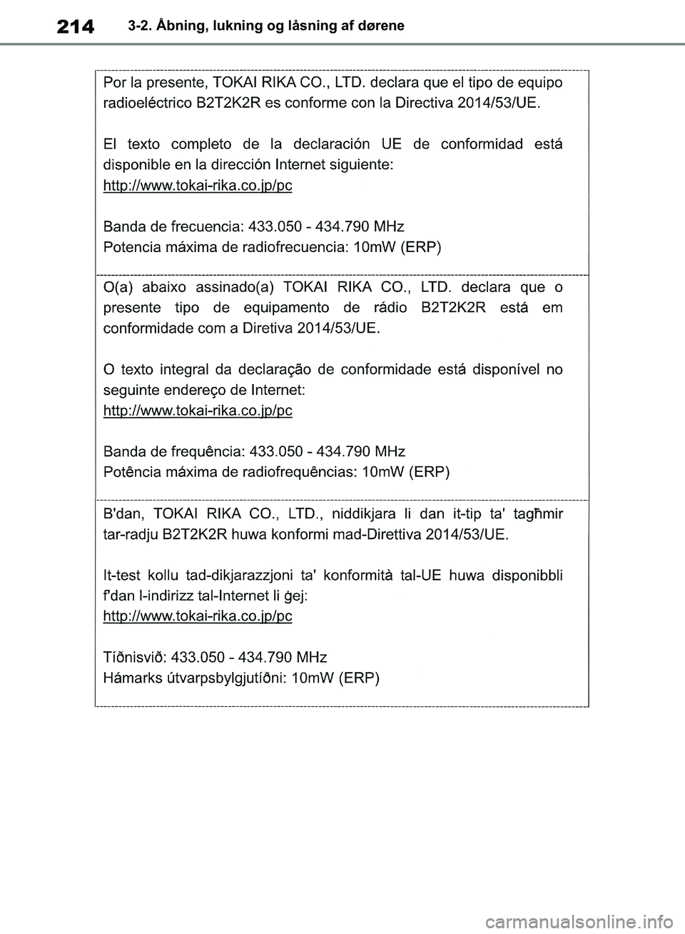TOYOTA RAV4 2018  Brugsanvisning (in Danish) 2143-2. Åbning, lukning og låsning af dørene
OM42B34DK.book  Page 214  Thursday, November 22, 2018  3:41 PM 