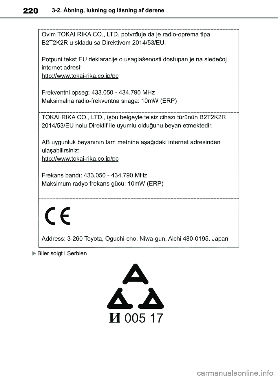TOYOTA RAV4 2018  Brugsanvisning (in Danish) 2203-2. Åbning, lukning og låsning af dørene
Biler solgt i Serbien
OM42B34DK.book  Page 220  Thursday, November 22, 2018  3:41 PM 