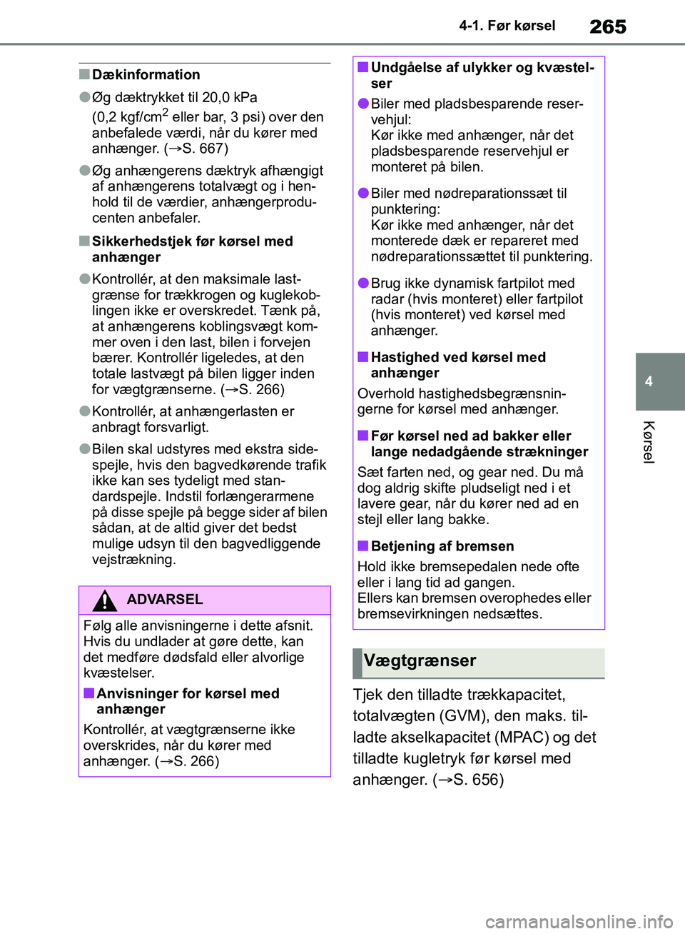 TOYOTA RAV4 2018 Brugsanvisning (in Danish) 265
4
4-1. Før kørsel
Kørsel
nDækinformation
lØg dæktrykket til 20,0 kPa
(0,2 kgf/cm2 eller bar, 3 psi) over den
anbefalede værdi, når du kører med
anhænger. ( S. 667)
lØg anhængeren TOYOTA RAV4 2018 Brugsanvisning (in Danish) 265
4
4-1. Før kørsel
Kørsel
nDækinformation
lØg dæktrykket til 20,0 kPa
(0,2 kgf/cm2 eller bar, 3 psi) over den
anbefalede værdi, når du kører med
anhænger. ( S. 667)
lØg anhængeren