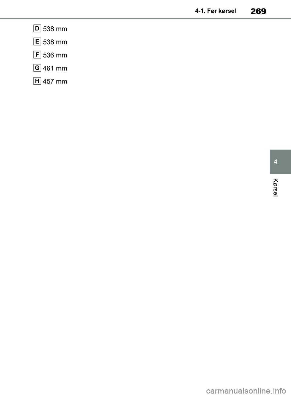 TOYOTA RAV4 2018 Brugsanvisning (in Danish) 269
4
4-1. Før kørsel
Kørsel
538 mm
538 mm
536 mm
461 mm
457 mmD
E
F
G
H
OM42B34DK.book Page 269 Thursday, November 22, 2018 3:41 PM TOYOTA RAV4 2018 Brugsanvisning (in Danish) 269
4
4-1. Før kørsel
Kørsel
538 mm
538 mm
536 mm
461 mm
457 mmD
E
F
G
H
OM42B34DK.book Page 269 Thursday, November 22, 2018 3:41 PM