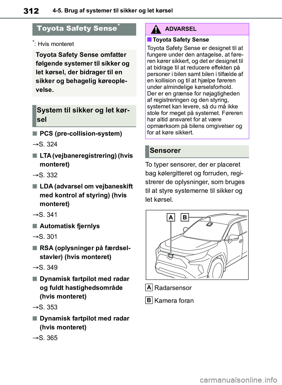 TOYOTA RAV4 2018 Brugsanvisning (in Danish) 3124-5. Brug af systemer til sikker og let kørsel
4-5.Brug af systemer til sikker og let kørsel
*: Hvis monteret
nPCS (pre-collision-system)
ï‚® S. 324
nLTA (vejbaneregistrering) (hvis
monteret)
ï‚ TOYOTA RAV4 2018 Brugsanvisning (in Danish) 3124-5. Brug af systemer til sikker og let kørsel
4-5.Brug af systemer til sikker og let kørsel
*: Hvis monteret
nPCS (pre-collision-system)
ï‚® S. 324
nLTA (vejbaneregistrering) (hvis
monteret)
ï‚