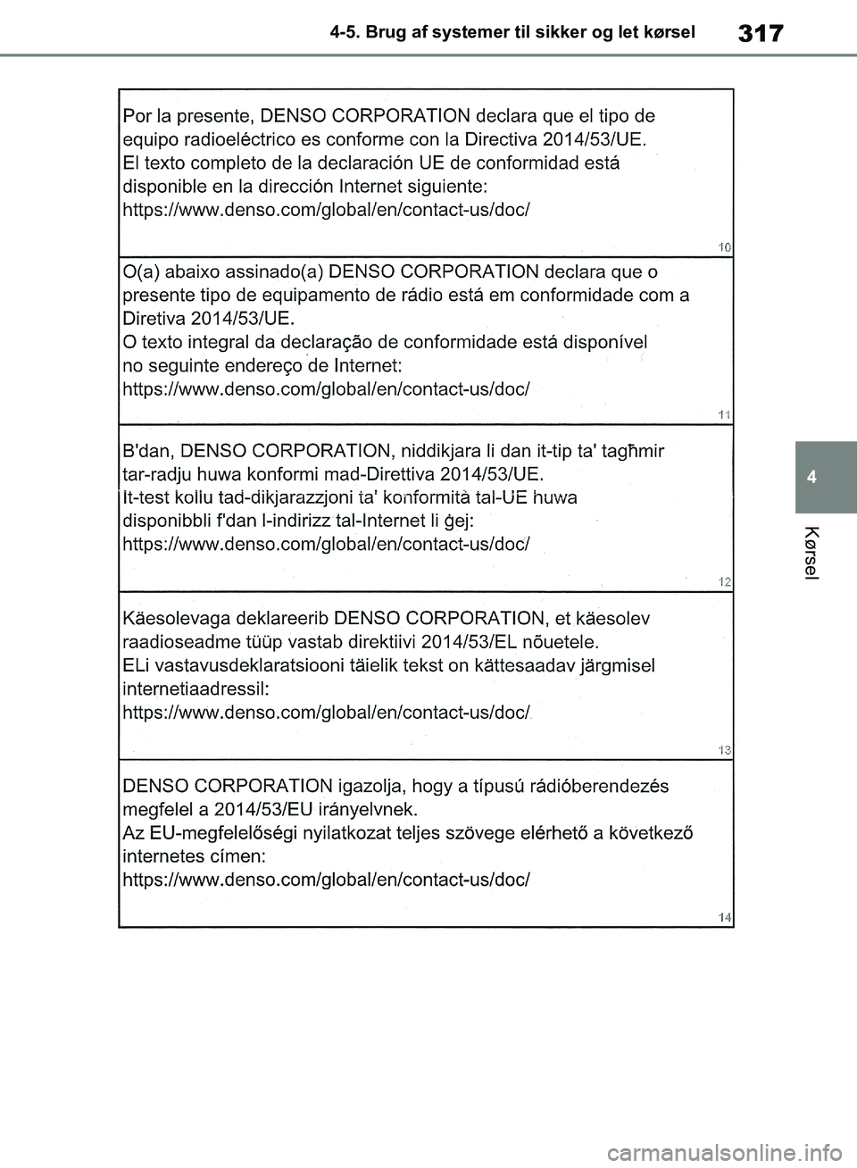 TOYOTA RAV4 2018 Brugsanvisning (in Danish) 317
4
4-5. Brug af systemer til sikker og let kørsel
Kørsel
OM42B34DK.book Page 317 Thursday, November 22, 2018 3:41 PM TOYOTA RAV4 2018 Brugsanvisning (in Danish) 317
4
4-5. Brug af systemer til sikker og let kørsel
Kørsel
OM42B34DK.book Page 317 Thursday, November 22, 2018 3:41 PM