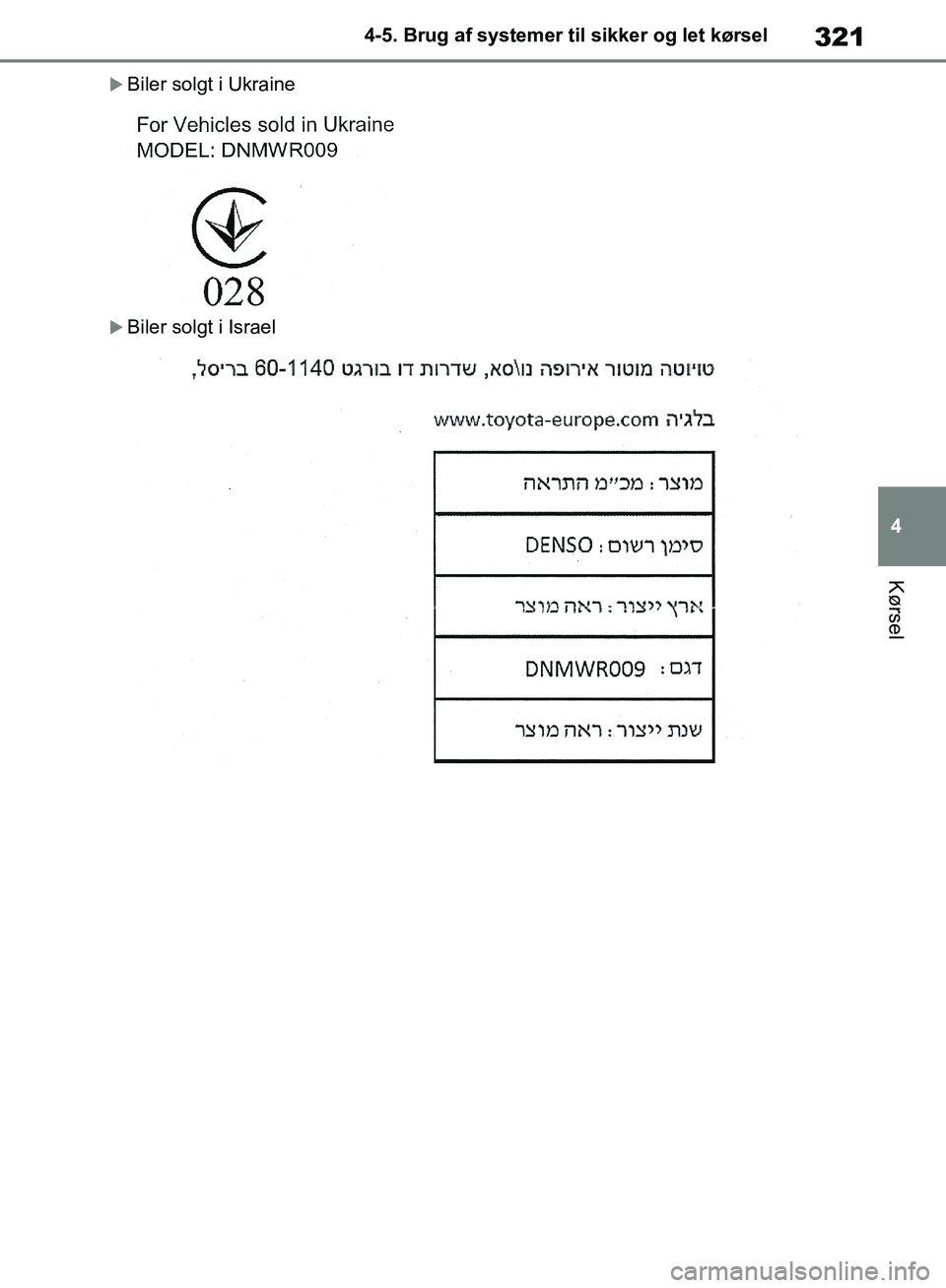 TOYOTA RAV4 2018 Brugsanvisning (in Danish) 321
4
4-5. Brug af systemer til sikker og let kørsel
Kørsel
Biler solgt i Ukraine
Biler solgt i Israel
OM42B34DK.book Page 321 Thursday, November 22, 2018 3:41 PM TOYOTA RAV4 2018 Brugsanvisning (in Danish) 321
4
4-5. Brug af systemer til sikker og let kørsel
Kørsel
Biler solgt i Ukraine
Biler solgt i Israel
OM42B34DK.book Page 321 Thursday, November 22, 2018 3:41 PM