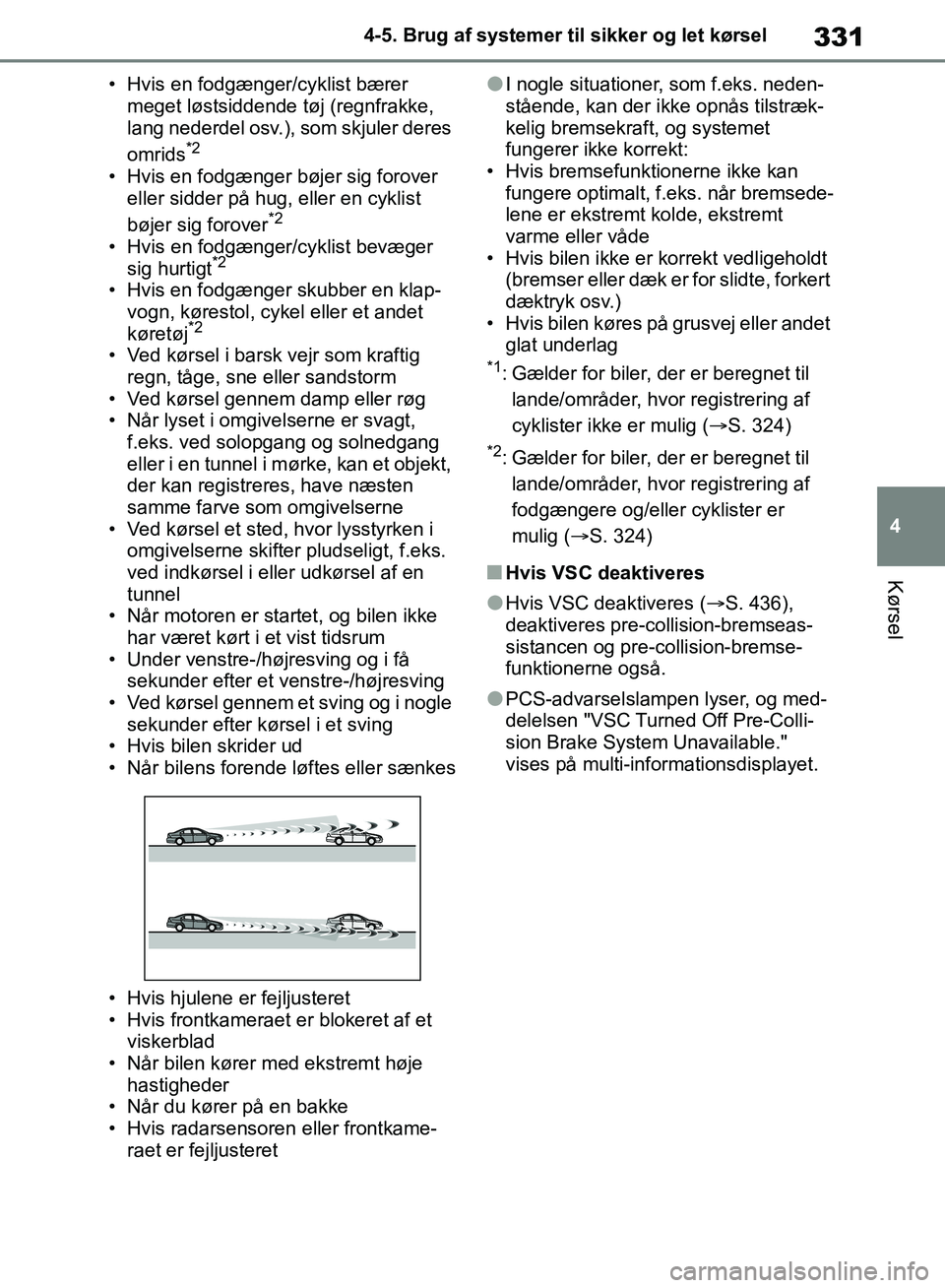 TOYOTA RAV4 2018 Brugsanvisning (in Danish) 331
4
4-5. Brug af systemer til sikker og let kørsel
Kørsel
• Hvis en fodgænger/cyklist bærer
meget løstsiddende tøj (regnfrakke,
lang nederdel osv.), som skjuler deres
omrids
*2
• Hvis e TOYOTA RAV4 2018 Brugsanvisning (in Danish) 331
4
4-5. Brug af systemer til sikker og let kørsel
Kørsel
• Hvis en fodgænger/cyklist bærer
meget løstsiddende tøj (regnfrakke,
lang nederdel osv.), som skjuler deres
omrids
*2
• Hvis e