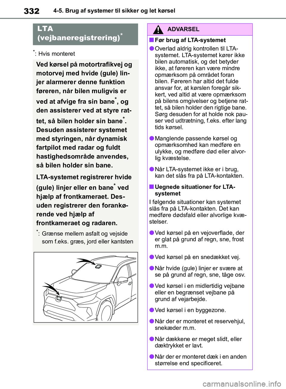 TOYOTA RAV4 2018 Brugsanvisning (in Danish) 3324-5. Brug af systemer til sikker og let kørsel
*: Hvis monteret
LTA
(vejbaneregistrering)*
Ved kørsel på motortrafikvej og
motorvej med hvide (gule) lin-
jer alarmerer denne funktion
føreren TOYOTA RAV4 2018 Brugsanvisning (in Danish) 3324-5. Brug af systemer til sikker og let kørsel
*: Hvis monteret
LTA
(vejbaneregistrering)*
Ved kørsel på motortrafikvej og
motorvej med hvide (gule) lin-
jer alarmerer denne funktion
føreren