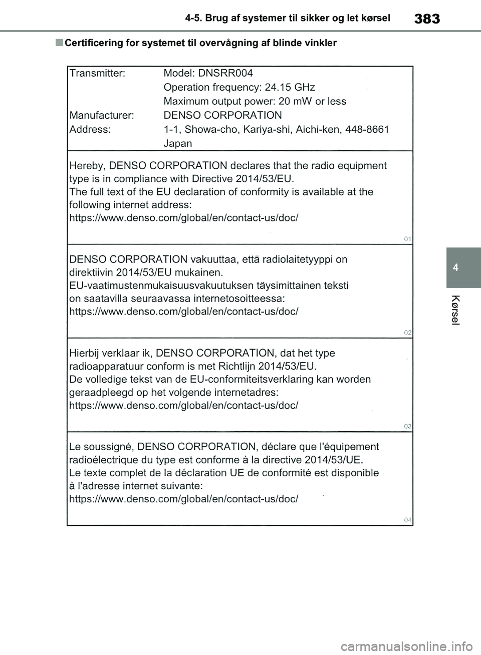 TOYOTA RAV4 2018  Brugsanvisning (in Danish) 383
4
4-5. Brug af systemer til sikker og let kørsel
Kørsel
nCertificering for systemet til 
overvågning af blinde vinkler
OM42B34DK.book  Page 383  Thursday, November 22, 2018  3:41 PM 