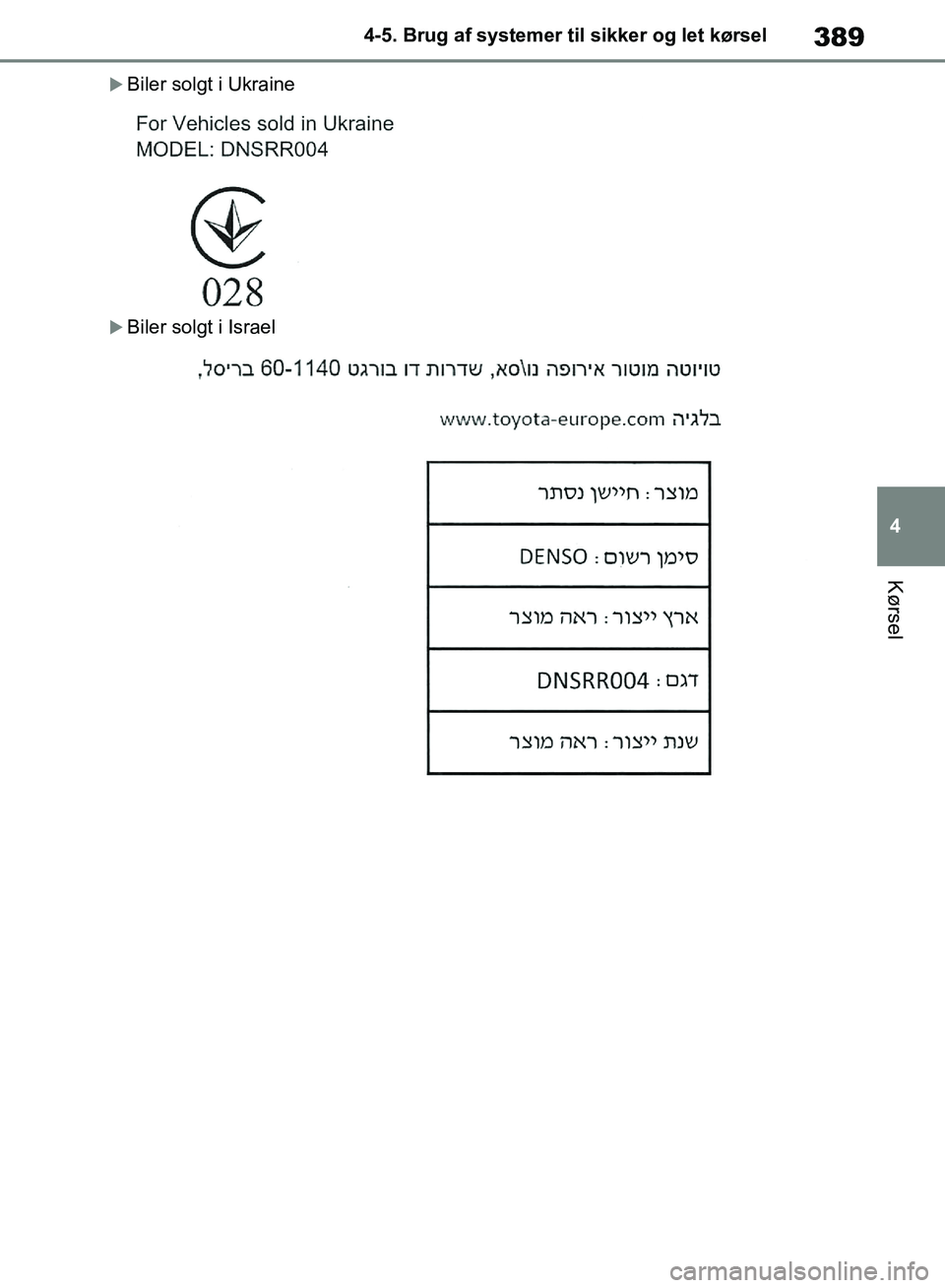 TOYOTA RAV4 2018  Brugsanvisning (in Danish) 389
4
4-5. Brug af systemer til sikker og let kørsel
Kørsel
Biler solgt i Ukraine
Biler solgt i Israel
OM42B34DK.book  Page 389  Thursday, November 22, 2018  3:41 PM 