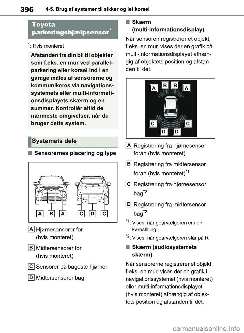 TOYOTA RAV4 2018 Brugsanvisning (in Danish) 3964-5. Brug af systemer til sikker og let kørsel
*: Hvis monteret
nSensorernes placering og typeHjørnesensorer for
(hvis monteret)
Midtersensorer for
(hvis monteret)
Sensorer på bageste hjørner TOYOTA RAV4 2018 Brugsanvisning (in Danish) 3964-5. Brug af systemer til sikker og let kørsel
*: Hvis monteret
nSensorernes placering og typeHjørnesensorer for
(hvis monteret)
Midtersensorer for
(hvis monteret)
Sensorer på bageste hjørner