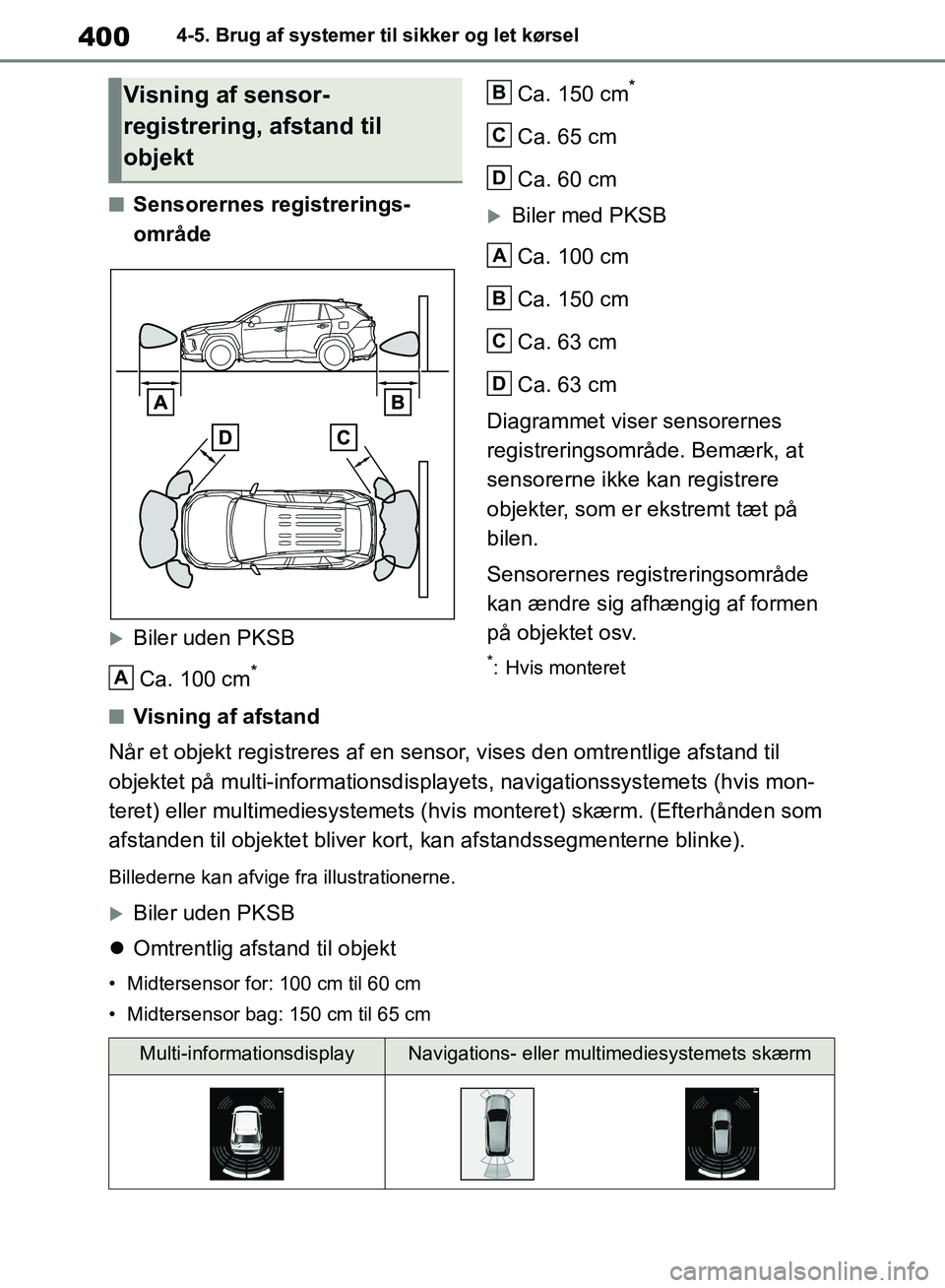 TOYOTA RAV4 2018 Brugsanvisning (in Danish) 4004-5. Brug af systemer til sikker og let kørsel
nSensorernes registrerings-
område
Biler uden PKSBCa. 100 cm
*
Ca. 150 cm*
Ca. 65 cm
Ca. 60 cm
Biler med PKSBCa. 100 cm
Ca. 150 cm
Ca. 63 cm
C TOYOTA RAV4 2018 Brugsanvisning (in Danish) 4004-5. Brug af systemer til sikker og let kørsel
nSensorernes registrerings-
område
Biler uden PKSBCa. 100 cm
*
Ca. 150 cm*
Ca. 65 cm
Ca. 60 cm
Biler med PKSBCa. 100 cm
Ca. 150 cm
Ca. 63 cm
C