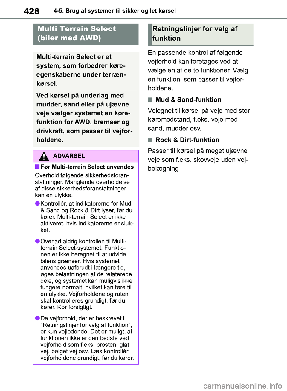 TOYOTA RAV4 2018  Brugsanvisning (in Danish) 4284-5. Brug af systemer til sikker og let kørsel
En passende kontrol af følgende 
vejforhold kan foretages ved at 
vælge en af de to funktioner. Vælg 
en funktion, som passer til vejfor-
holdene.