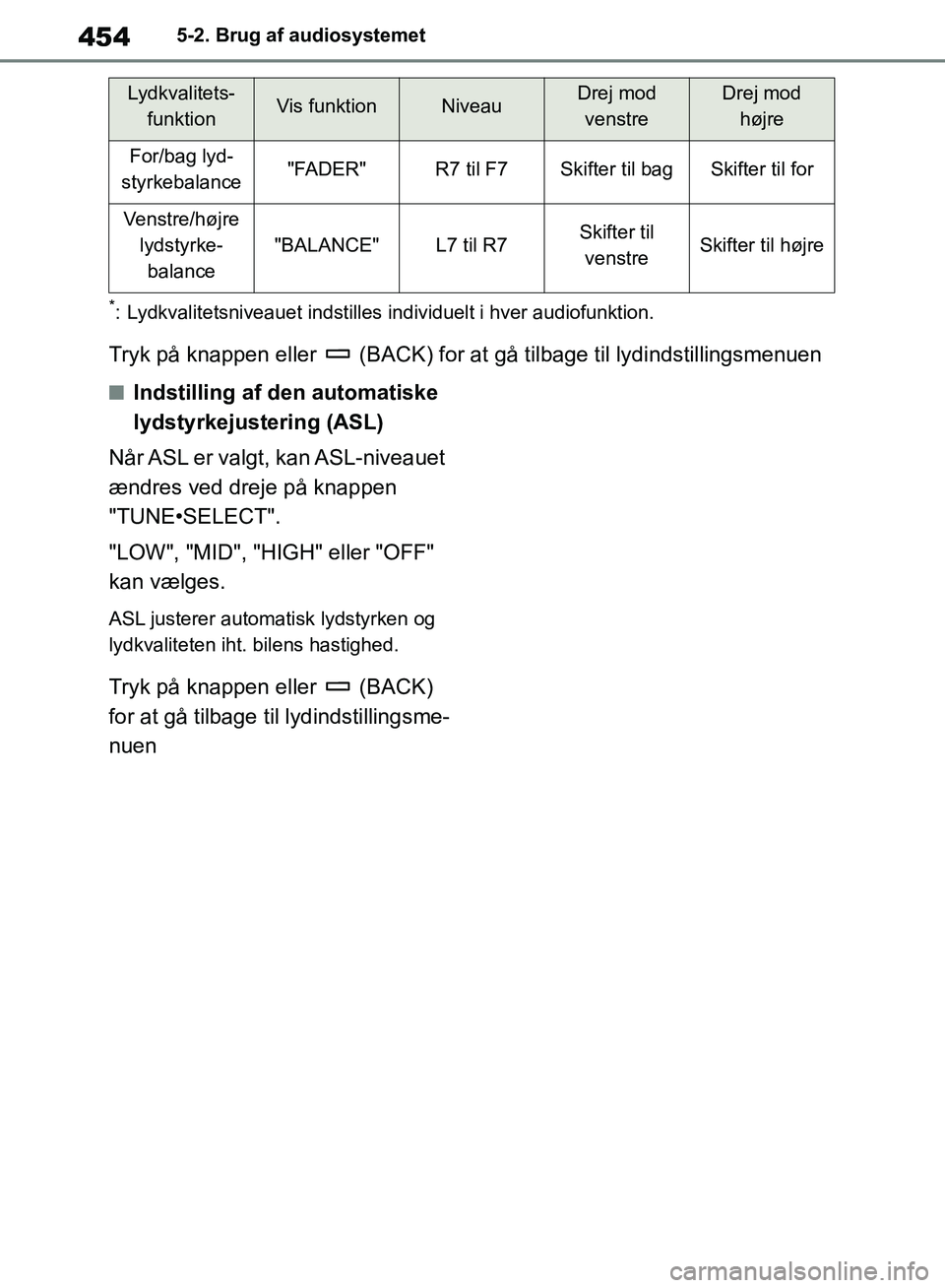 TOYOTA RAV4 2018  Brugsanvisning (in Danish) 4545-2. Brug af audiosystemet
*: Lydkvalitetsniveauet indstilles individuelt i hver audiofunktion.
Tryk på knappen eller   (BACK) for at gå tilbage til lydindstillingsmenuen
nIndstilling af den auto