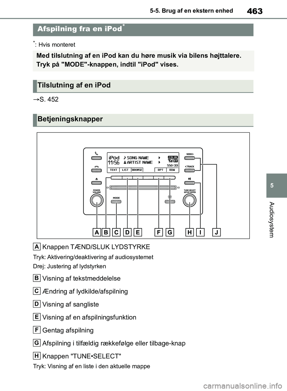 TOYOTA RAV4 2018  Brugsanvisning (in Danish) 463
5
5-5. Brug af en ekstern enhed
Audiosystem
5-5.Brug af en ekstern enhed
*: Hvis monteret

S. 452
Knappen TÆND/SLUK LYDSTYRKE
Tryk: Aktivering/deaktivering  af  audiosystemet
Drej: Justering a