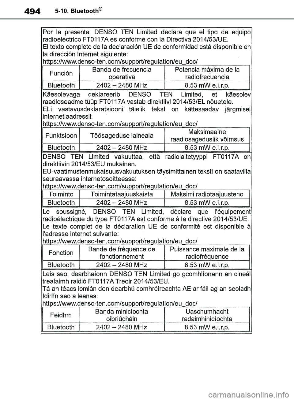 TOYOTA RAV4 2018  Brugsanvisning (in Danish) 4945-10. Bluetooth®
OM42B34DK.book  Page 494  Thursday, November 22, 2018  3:41 PM 