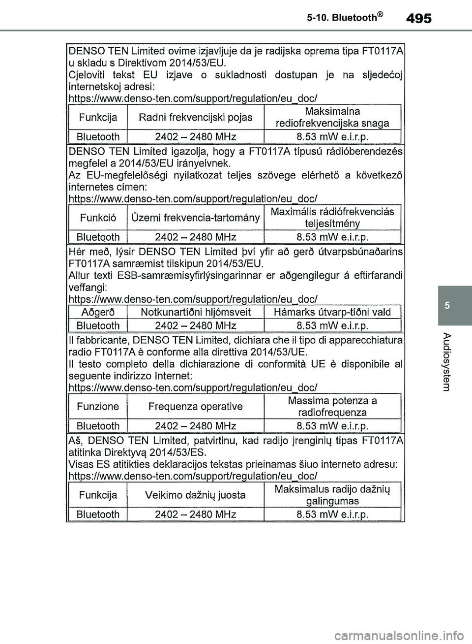 TOYOTA RAV4 2018  Brugsanvisning (in Danish) 495
5
5-10. Bluetooth
®
Audiosystem
OM42B34DK.book  Page 495  Thursday, November 22, 2018  3:41 PM 