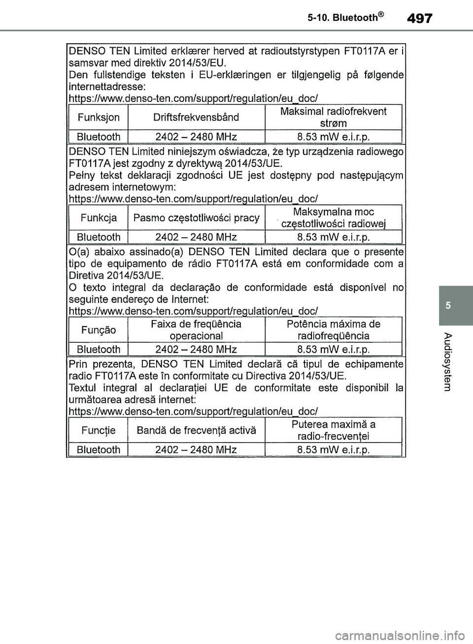 TOYOTA RAV4 2018  Brugsanvisning (in Danish) 497
5
5-10. Bluetooth
®
Audiosystem
OM42B34DK.book  Page 497  Thursday, November 22, 2018  3:41 PM 