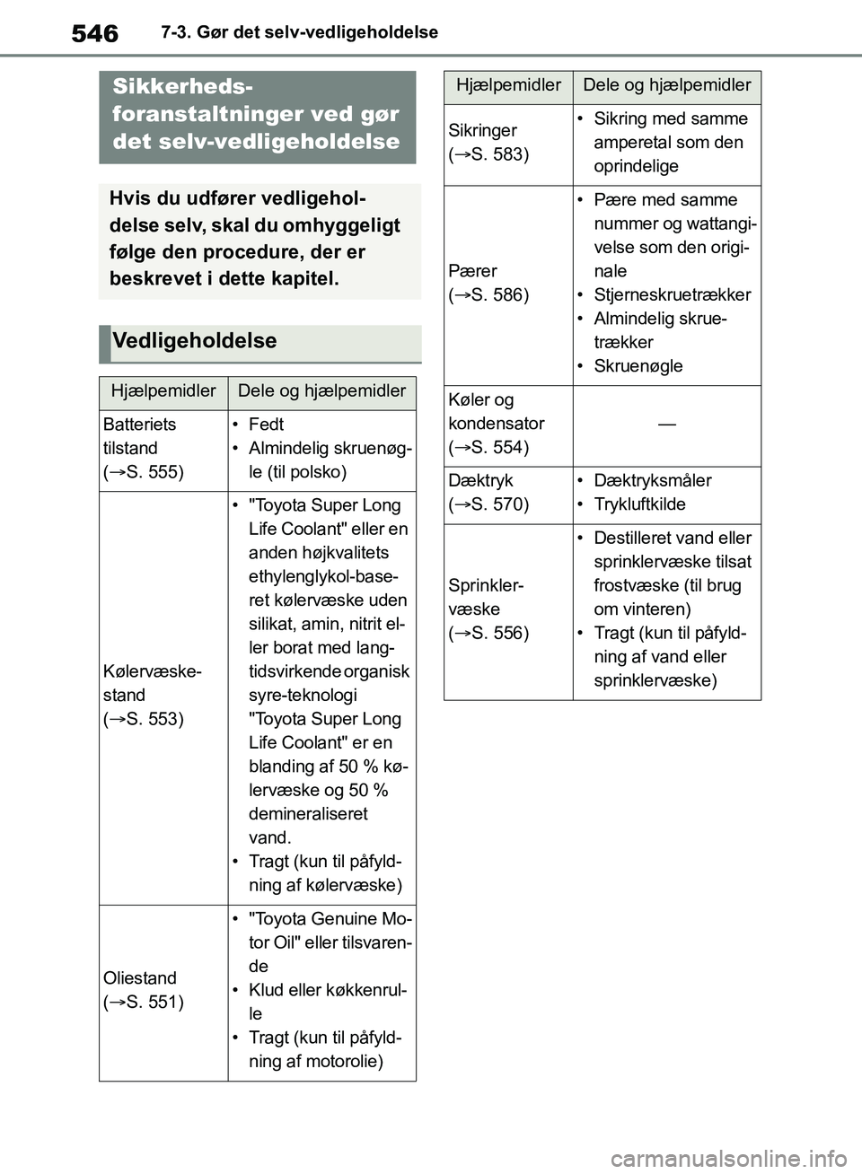 TOYOTA RAV4 2018 Brugsanvisning (in Danish) 5467-3. Gør det selv-vedligeholdelse
7-3.Gør det selv-vedligeholdelse
Sikkerheds-
foranstaltninger ved gør
det selv-vedligeholdelse
Hvis du udfører vedligehol-
delse selv, skal du omhyggeligt
f TOYOTA RAV4 2018 Brugsanvisning (in Danish) 5467-3. Gør det selv-vedligeholdelse
7-3.Gør det selv-vedligeholdelse
Sikkerheds-
foranstaltninger ved gør
det selv-vedligeholdelse
Hvis du udfører vedligehol-
delse selv, skal du omhyggeligt
f