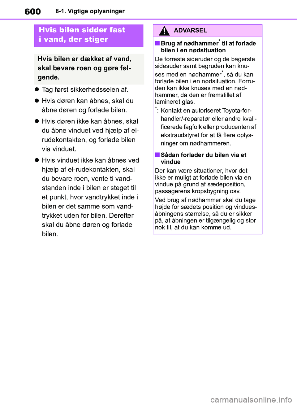 TOYOTA RAV4 2018 Brugsanvisning (in Danish) 6008-1. Vigtige oplysninger
Tag først sikkerhedsselen af.
Hvis døren kan åbnes, skal du
åbne døren og forlade bilen.
Hvis døren ikke kan åbnes, skal
du åbne vinduet ved hjælp af TOYOTA RAV4 2018 Brugsanvisning (in Danish) 6008-1. Vigtige oplysninger
Tag først sikkerhedsselen af.
Hvis døren kan åbnes, skal du
åbne døren og forlade bilen.
Hvis døren ikke kan åbnes, skal
du åbne vinduet ved hjælp af