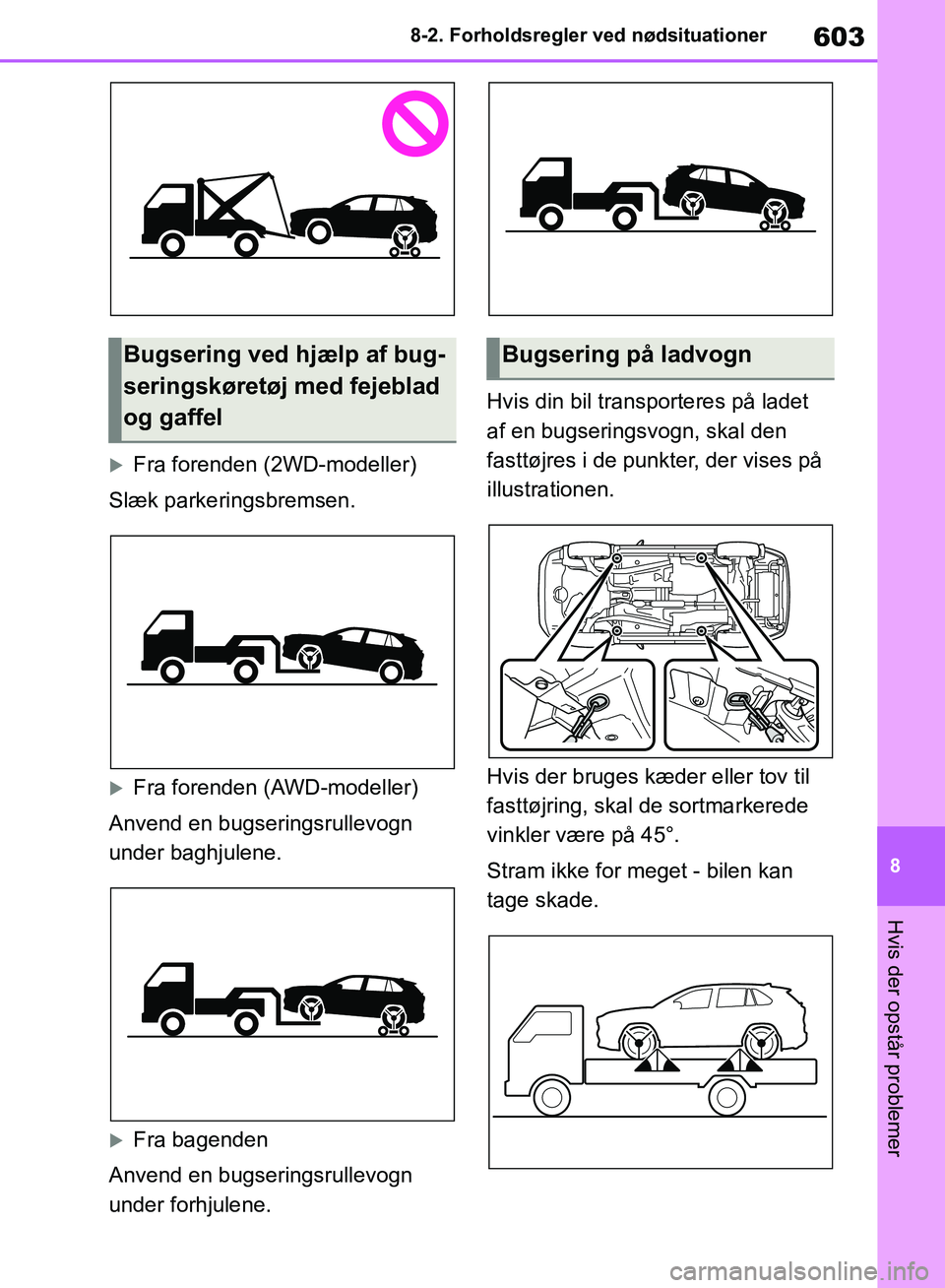 TOYOTA RAV4 2018 Brugsanvisning (in Danish) 603
8
8-2. Forholdsregler ved nødsituationer
Hvis der opstår problemer
Fra forenden (2WD-modeller)
Slæk parkeringsbremsen.
Fra forenden (AWD-modeller)
Anvend en bugseringsrullevogn
under bag TOYOTA RAV4 2018 Brugsanvisning (in Danish) 603
8
8-2. Forholdsregler ved nødsituationer
Hvis der opstår problemer
Fra forenden (2WD-modeller)
Slæk parkeringsbremsen.
Fra forenden (AWD-modeller)
Anvend en bugseringsrullevogn
under bag