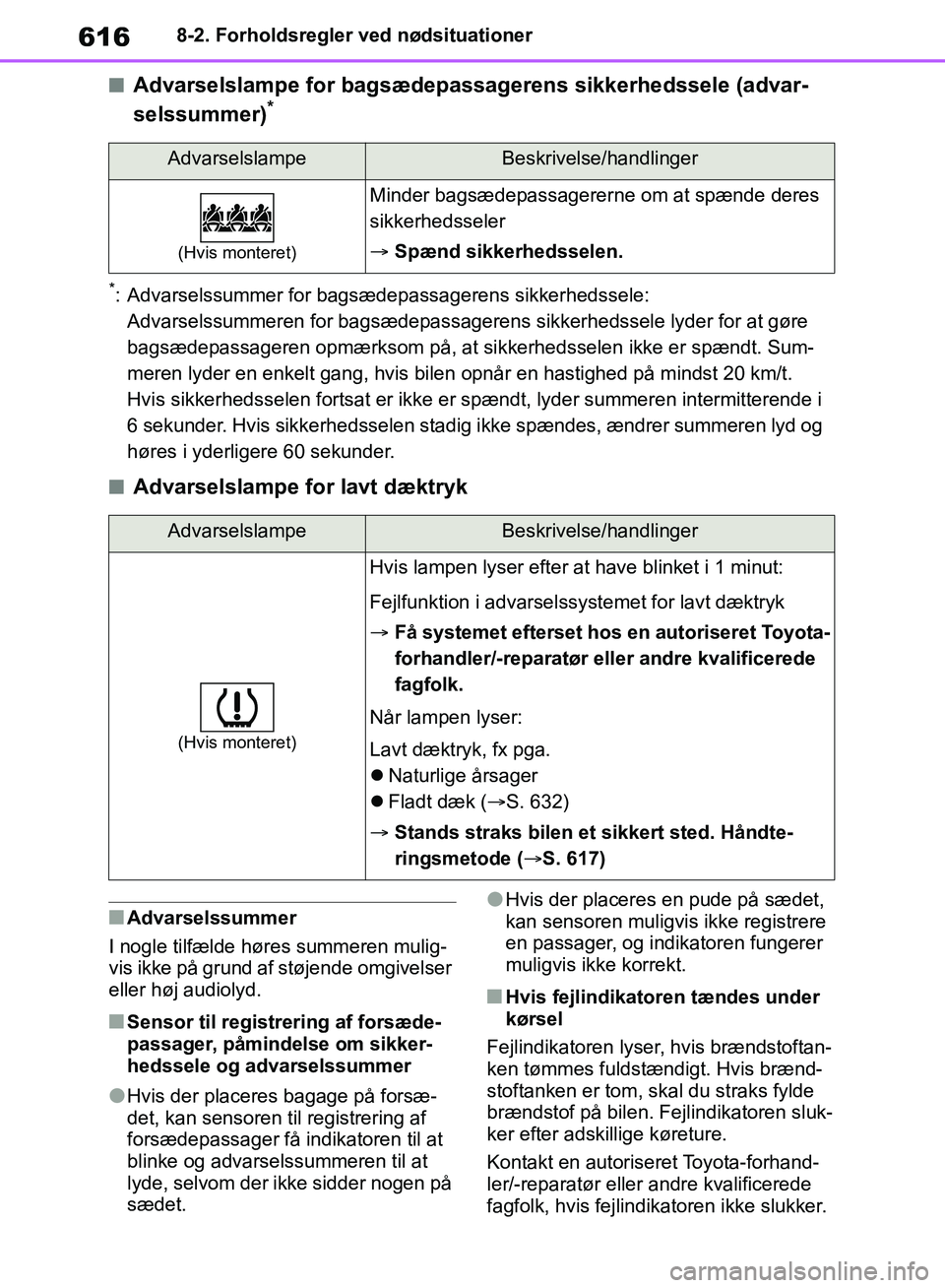 TOYOTA RAV4 2018 Brugsanvisning (in Danish) 6168-2. Forholdsregler ved nødsituationer
nAdvarselslampe for bagsædepassagerens sikkerhedssele (advar-
selssummer)*
*: Advarselssummer for bagsædepassagerens sikkerhedssele:Advarselssummeren for b TOYOTA RAV4 2018 Brugsanvisning (in Danish) 6168-2. Forholdsregler ved nødsituationer
nAdvarselslampe for bagsædepassagerens sikkerhedssele (advar-
selssummer)*
*: Advarselssummer for bagsædepassagerens sikkerhedssele:Advarselssummeren for b