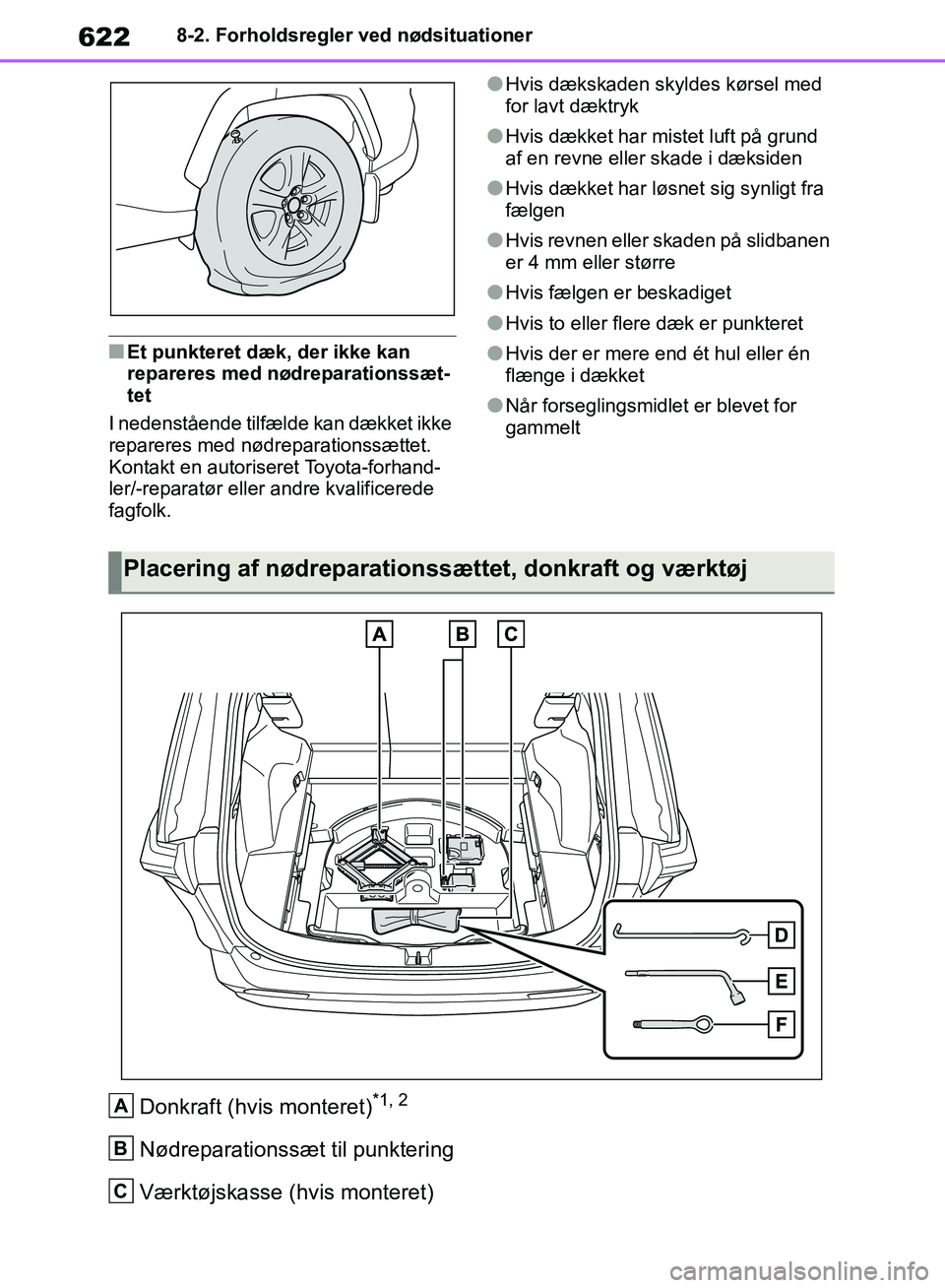 TOYOTA RAV4 2018  Brugsanvisning (in Danish) 6228-2. Forholdsregler ved nødsituationer
nEt punkteret dæk, der ikke kan 
repareres med nødreparationssæt-
tet
I nedenstående tilfælde kan dækket ikke 
repareres med nødr eparationssættet. 
