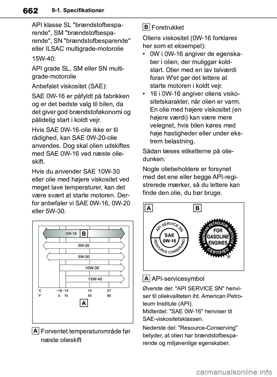 TOYOTA RAV4 2018 Brugsanvisning (in Danish) 6629-1. Specifikationer
API klasse SL "brændstofbespa-
rende", SM "brændstofbespa-
rende", SN "brændstofbesparende"
eller ILSAC multigrade-motorolie
15W-40:
API grade SL, SM eller SN multi-
grade- TOYOTA RAV4 2018 Brugsanvisning (in Danish) 6629-1. Specifikationer
API klasse SL "brændstofbespa-
rende", SM "brændstofbespa-
rende", SN "brændstofbesparende"
eller ILSAC multigrade-motorolie
15W-40:
API grade SL, SM eller SN multi-
grade-