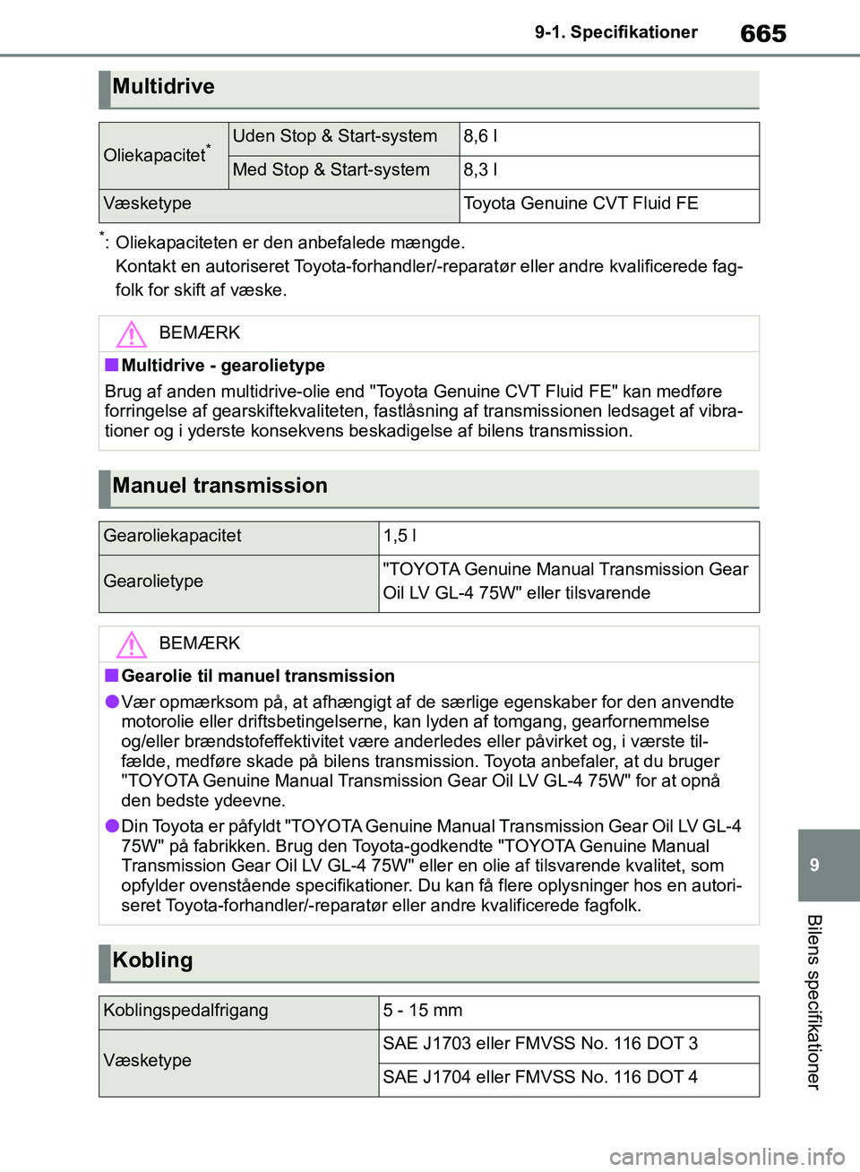 TOYOTA RAV4 2018 Brugsanvisning (in Danish) 665
9
9-1. Specifikationer
Bilens specifikationer
*: Oliekapaciteten er den anbefalede mængde.
Kontakt en autoriseret Toyota-forhandler/-reparatør eller andre kvalificerede fag-
folk for skift af v TOYOTA RAV4 2018 Brugsanvisning (in Danish) 665
9
9-1. Specifikationer
Bilens specifikationer
*: Oliekapaciteten er den anbefalede mængde.
Kontakt en autoriseret Toyota-forhandler/-reparatør eller andre kvalificerede fag-
folk for skift af v
